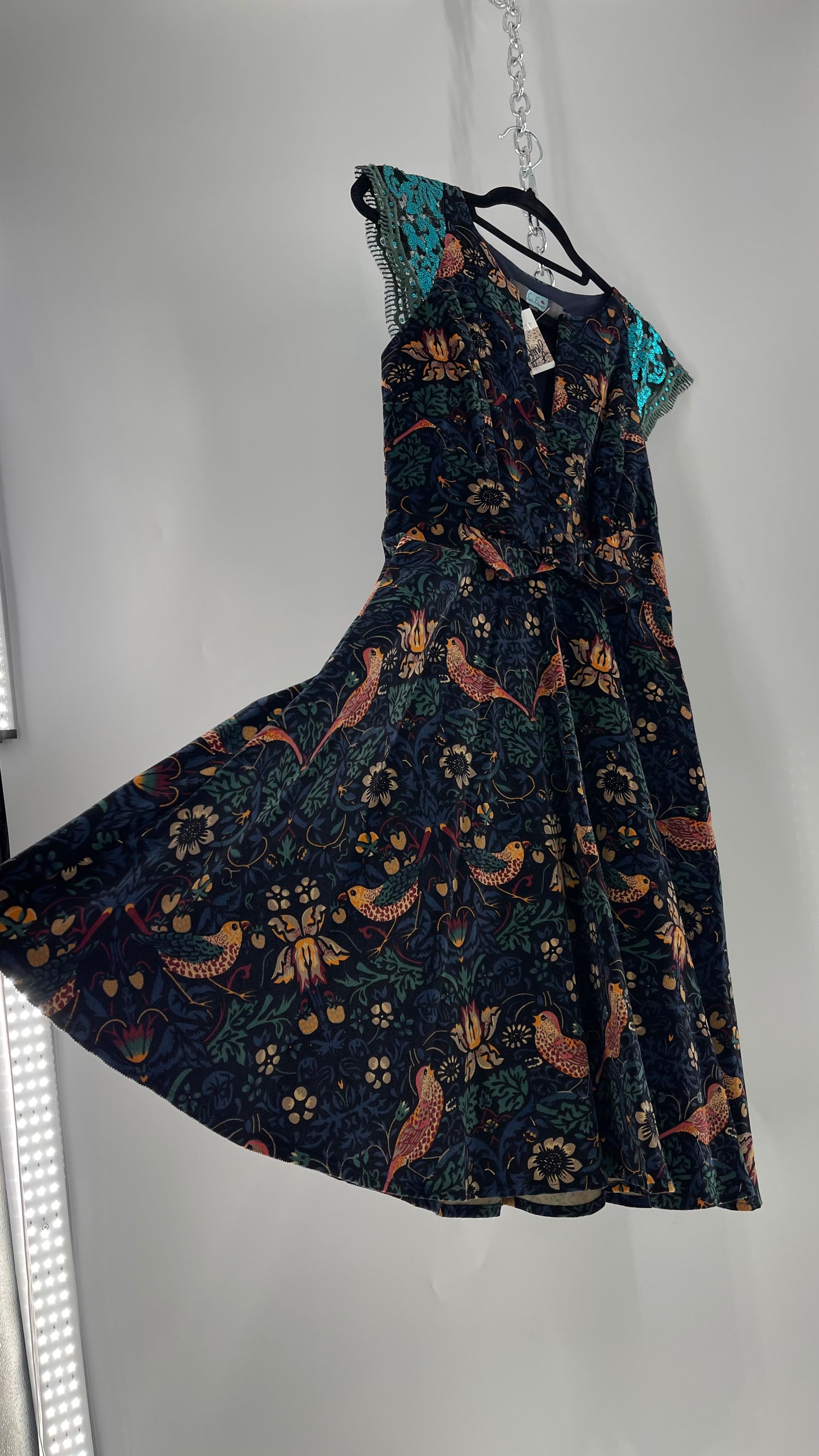 Anthropologie Eva Franco Corduroy Floral Bird Tapestry Print Dress with Sequin Cap Sleeves (4)