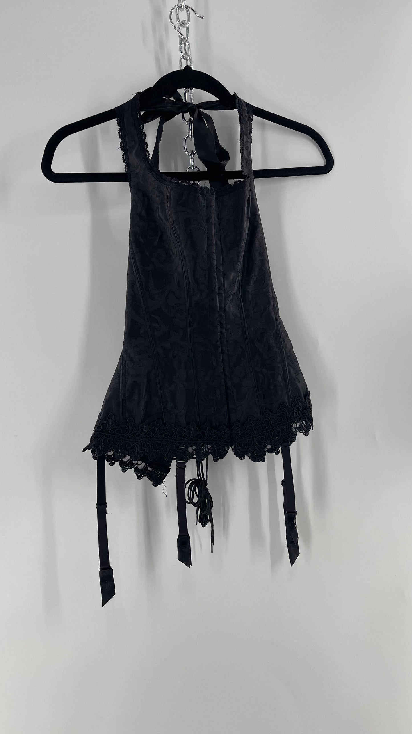 Vintage Fredericks of Hollywood Black Satin Brocade Lace Corset with Lace Tie Halter (32)