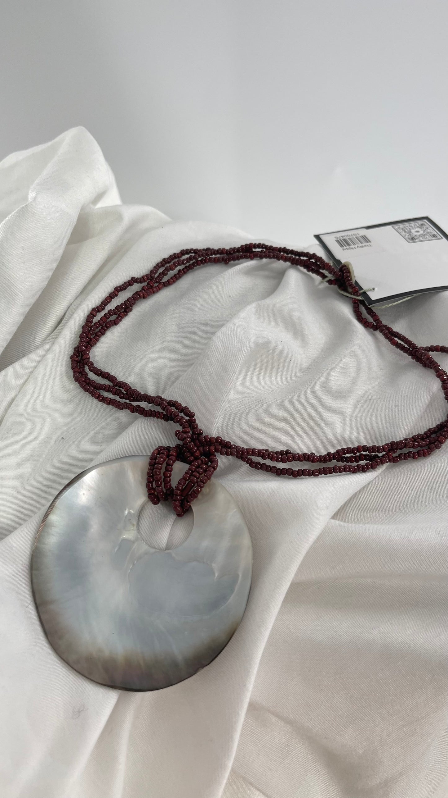 Vintage 1990s Burgundy Beaded Choker with Statement Iridescent Shell Pendant
