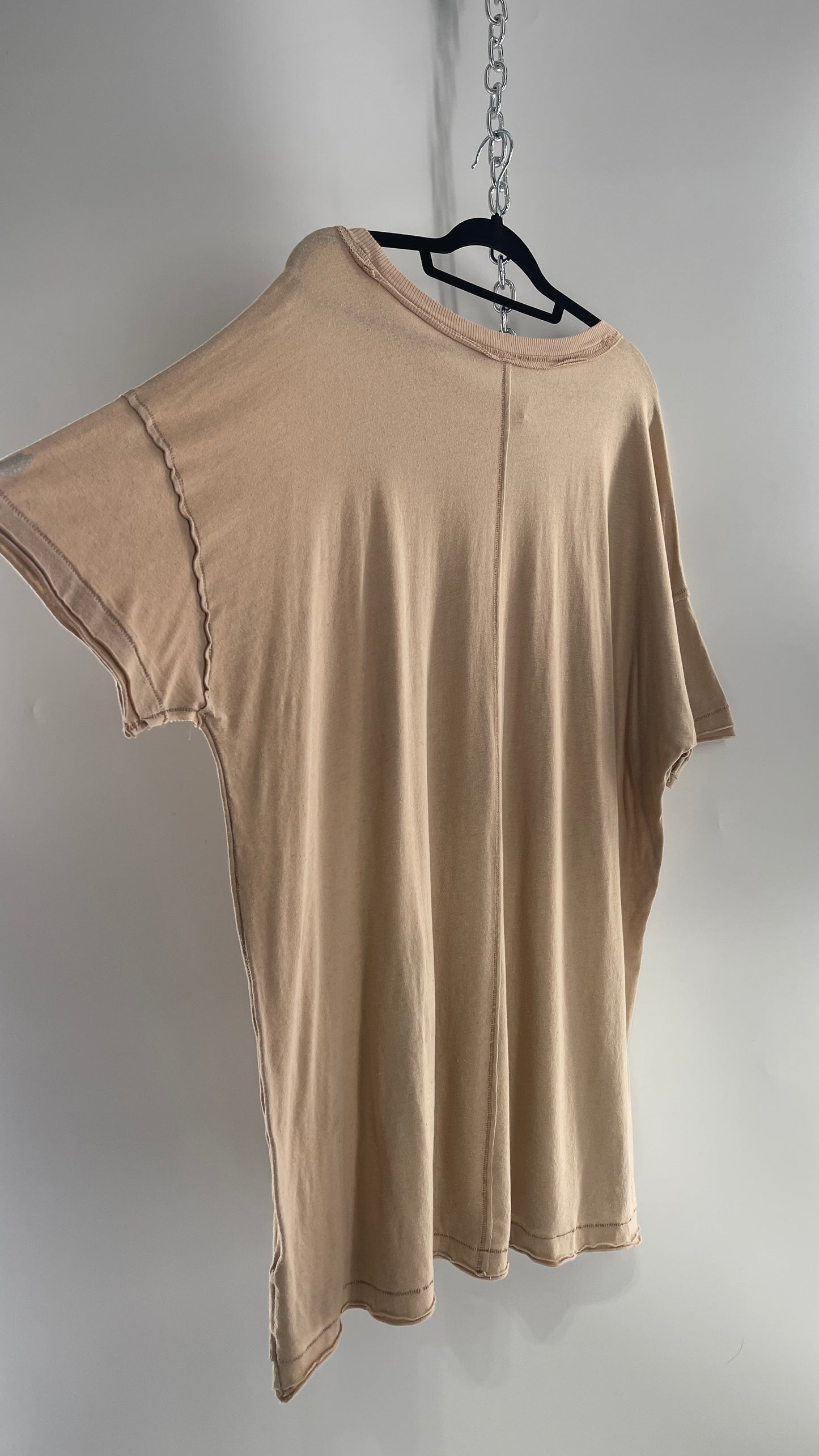 Free People Movement Oversized Light Beige Short Sleeve T-Shirt with Slit Embroidered Detail (Size XS)