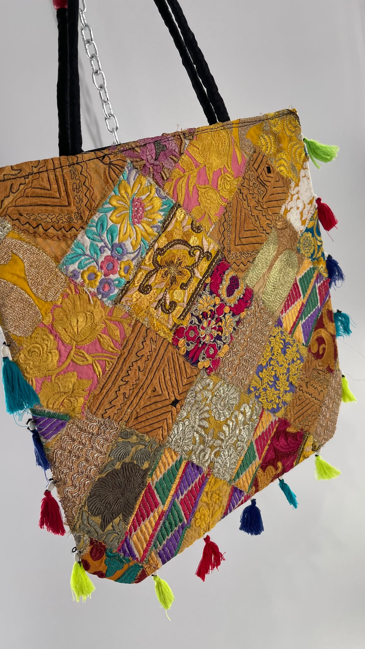Imported Golden Yellow Patchwork Tote from Brazil with Tassel Detailing