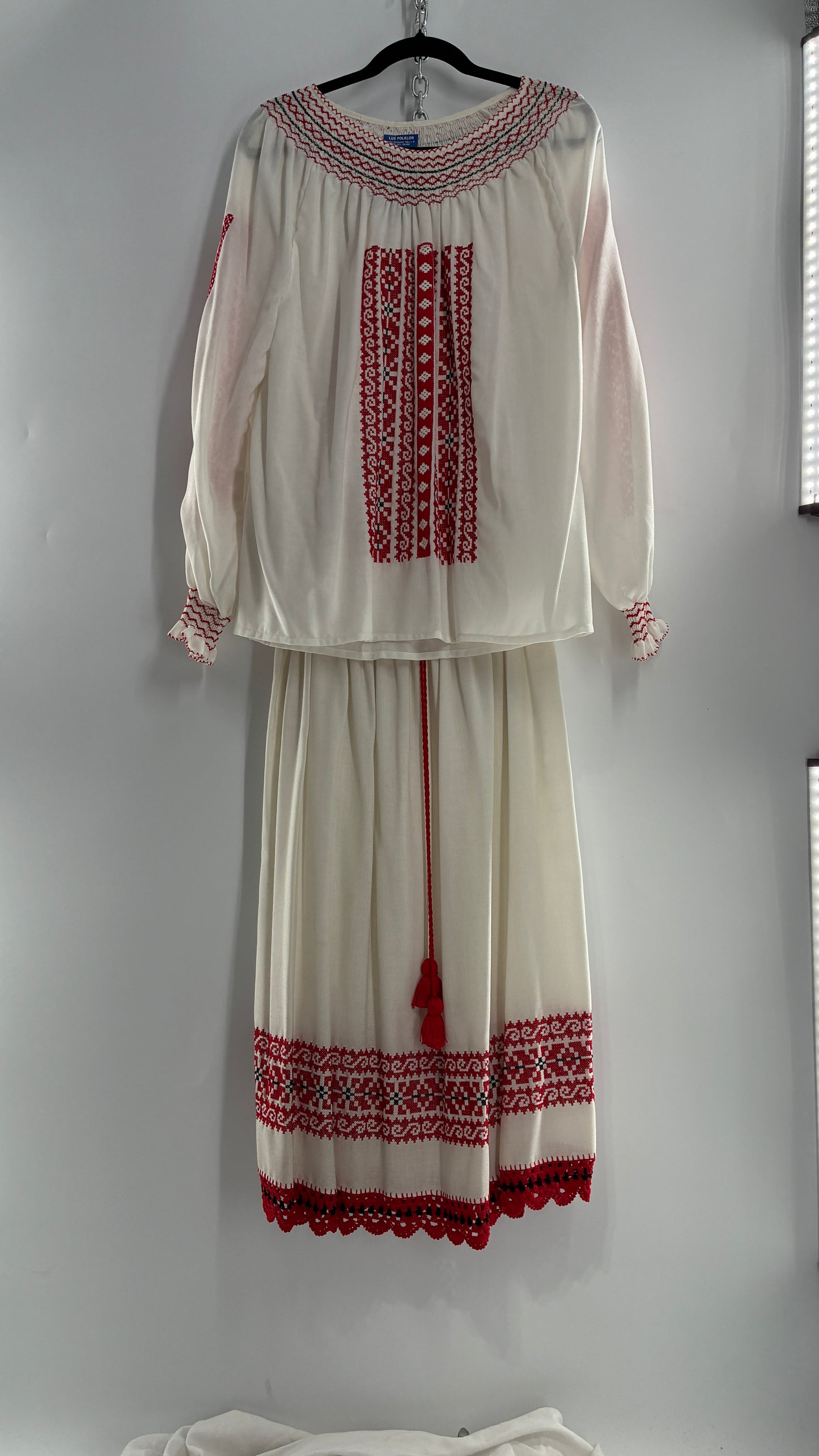 Vintage 1970s LUX FOLKLOR Budapest Handmade Cotton Long Sleeve and Skirt Covered in Red Embroidery and Stitching