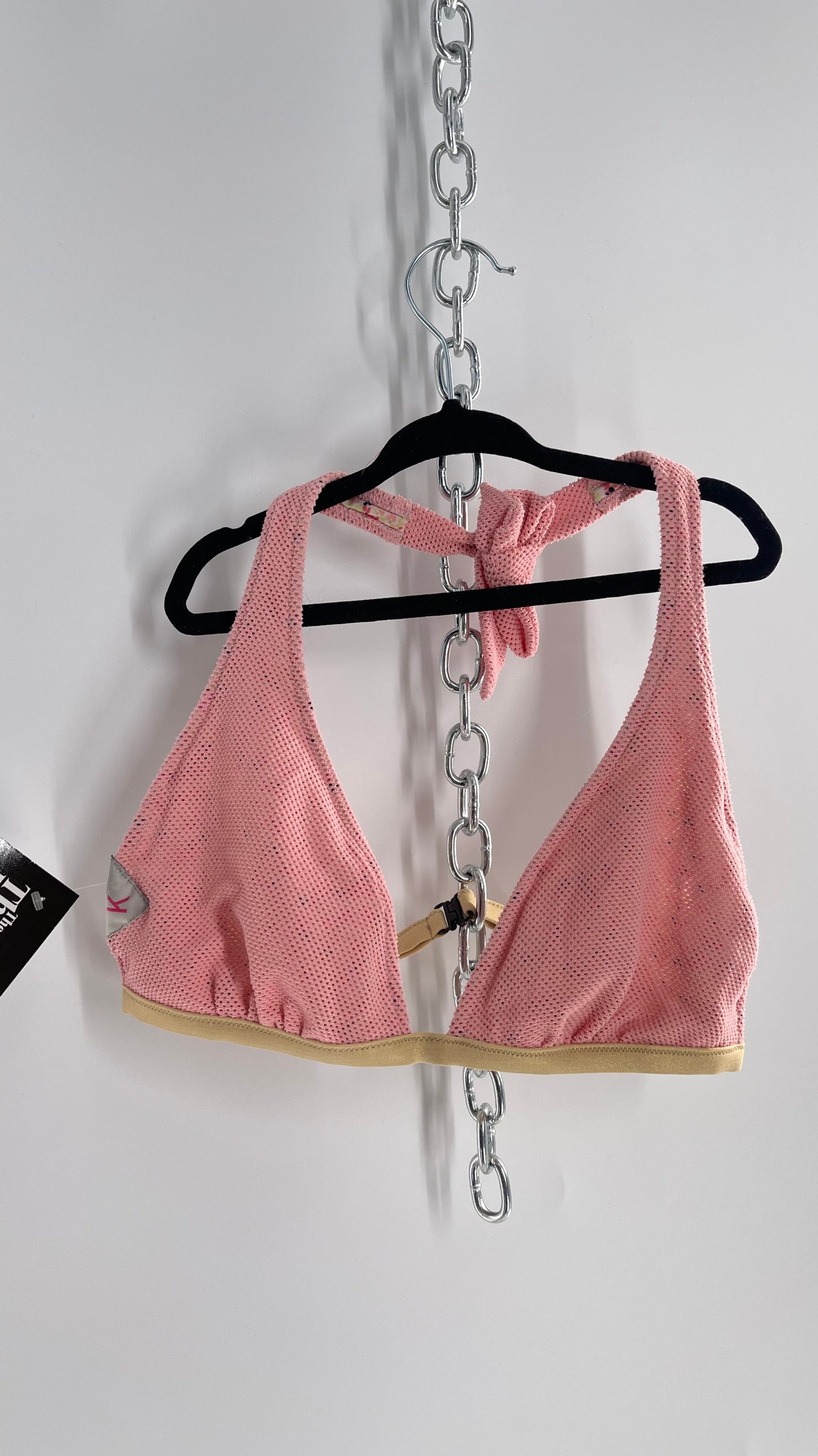 K ti per te Pink Floral and Mesh Halter Swim Top with Gold Glitter Strap (Medium)