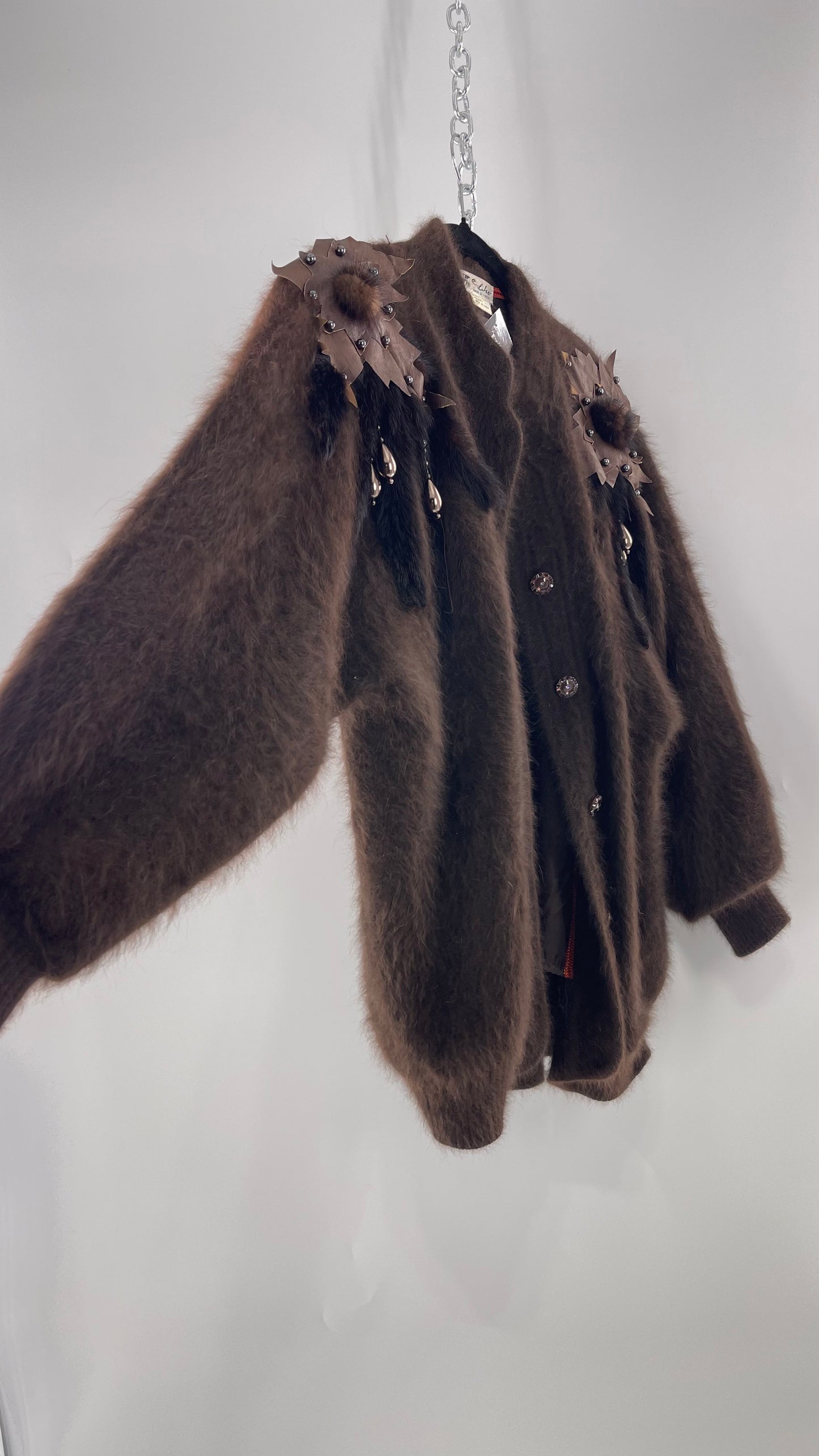 Liho Korean Vintage Brown Cardigan with Leather, Fur and Beaded Detailing 15% Wool 75% Angora  (C)(Medium)