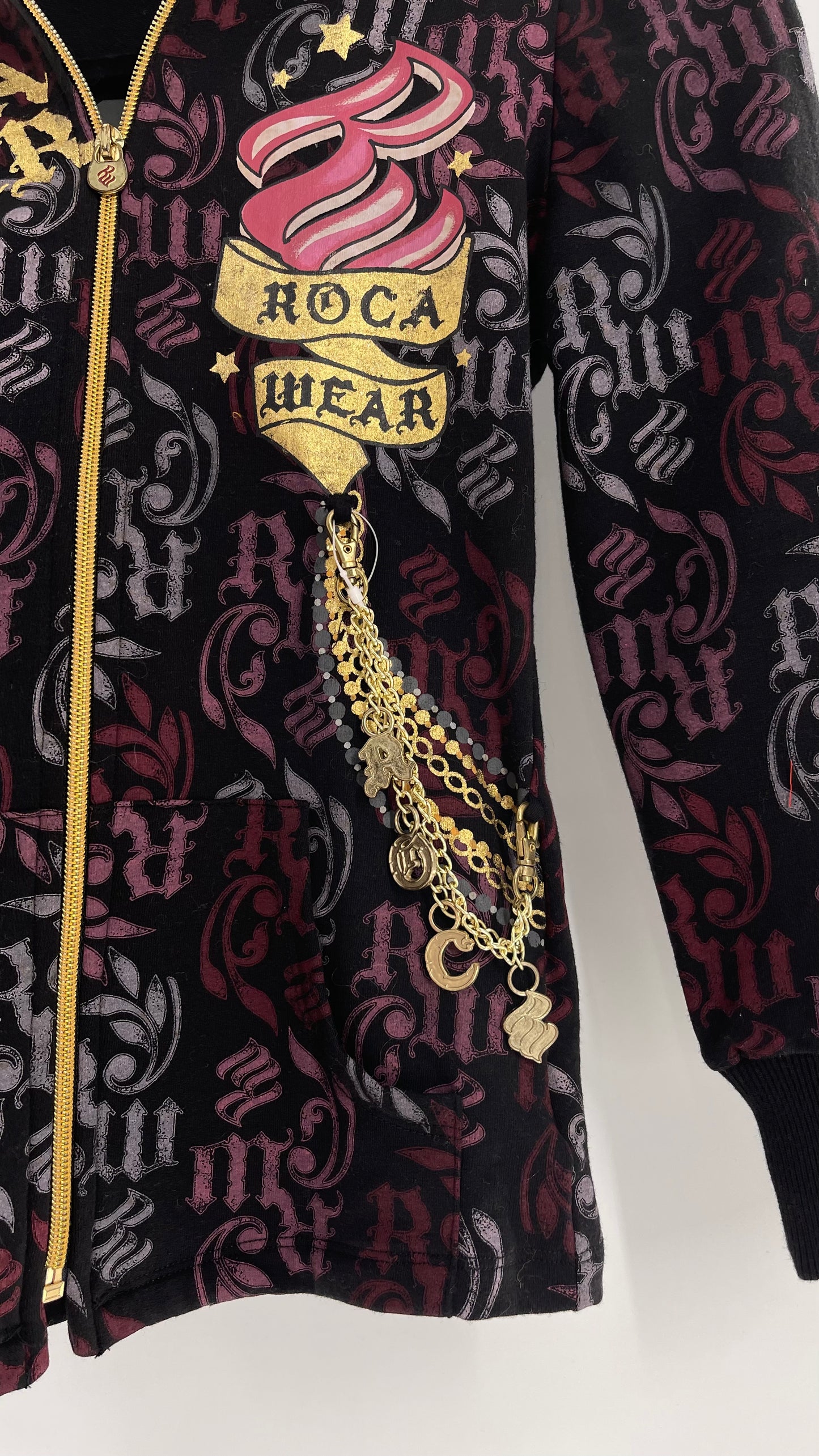 Vintage All Over Rocawear Logo Zip Up Hoodie with Gold Charm Chain and Silky Hood (XS/S)