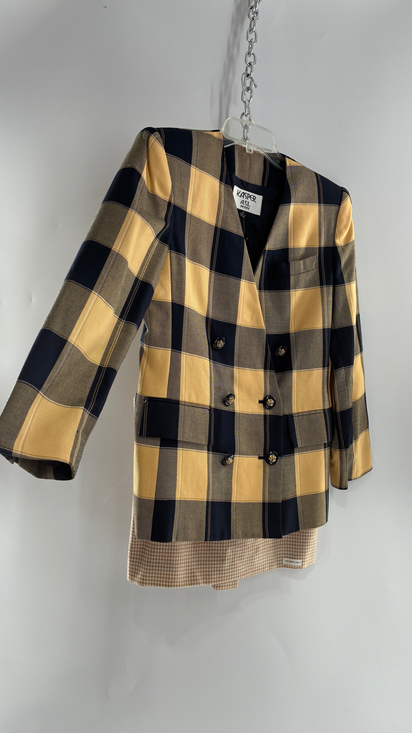 Vintage Suit Set with Yellow Plaid Double Breasted KASPER A.S.L Blazer and Upcycled Wool Mini Skirt (6)