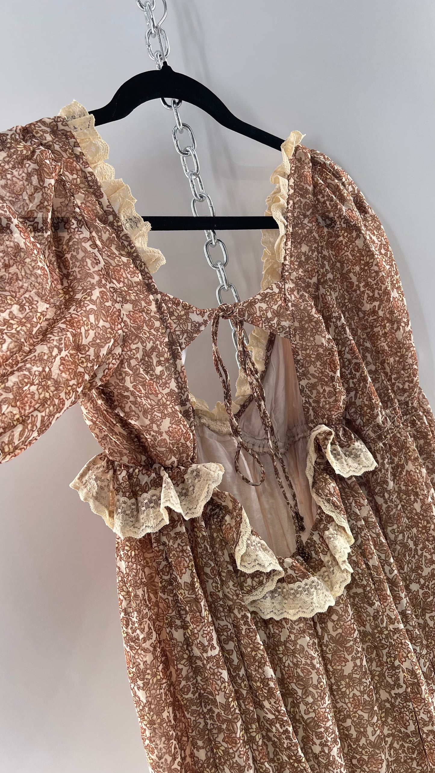 Free People Brown Floral Mini Dress with Beige Lace Lining and Puffy Balloon Sleeves (XS)