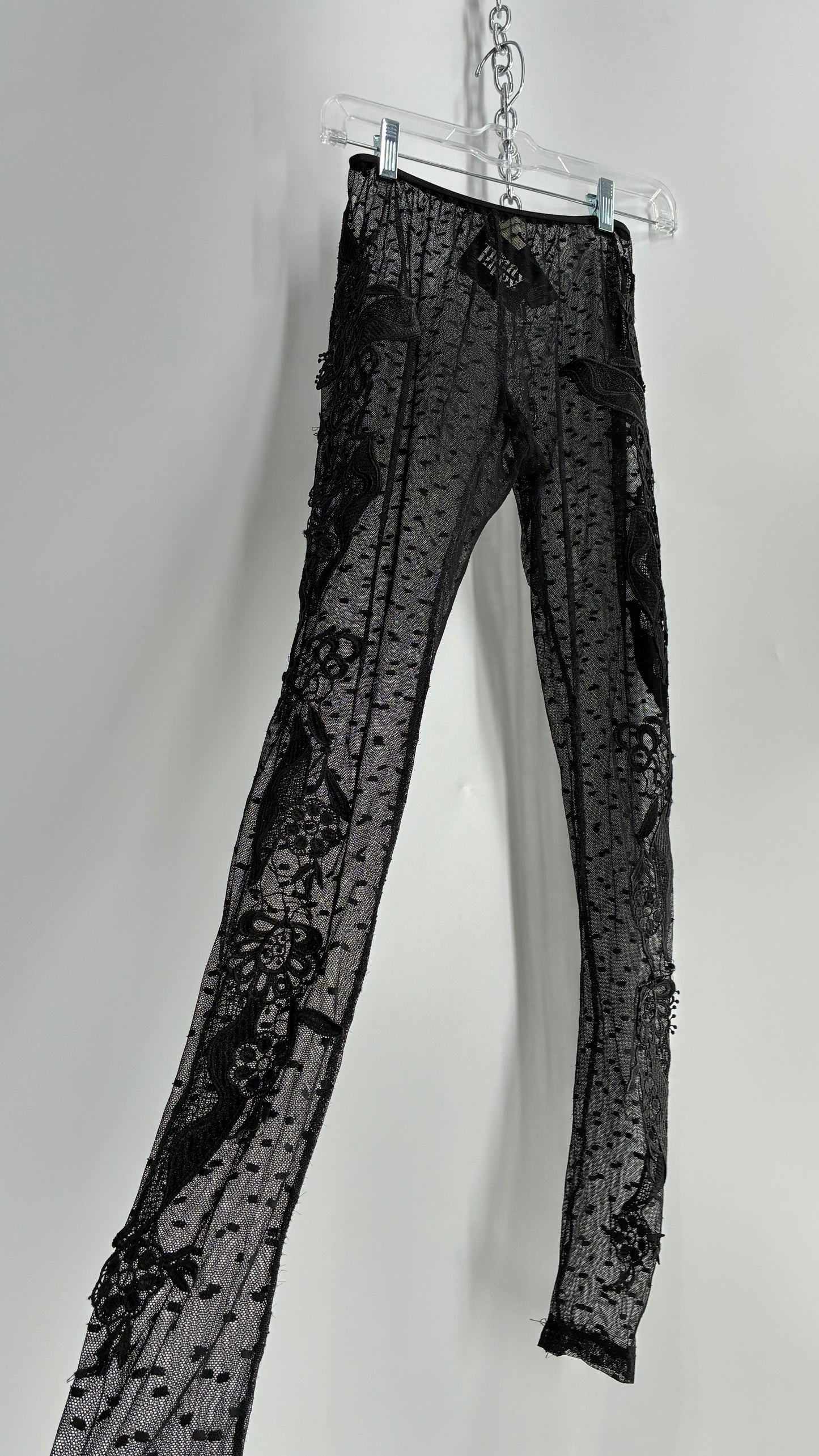 Staring at Stars Black Sheer Footless Tights with Lace Appliqué Design on Both Legs (XS)