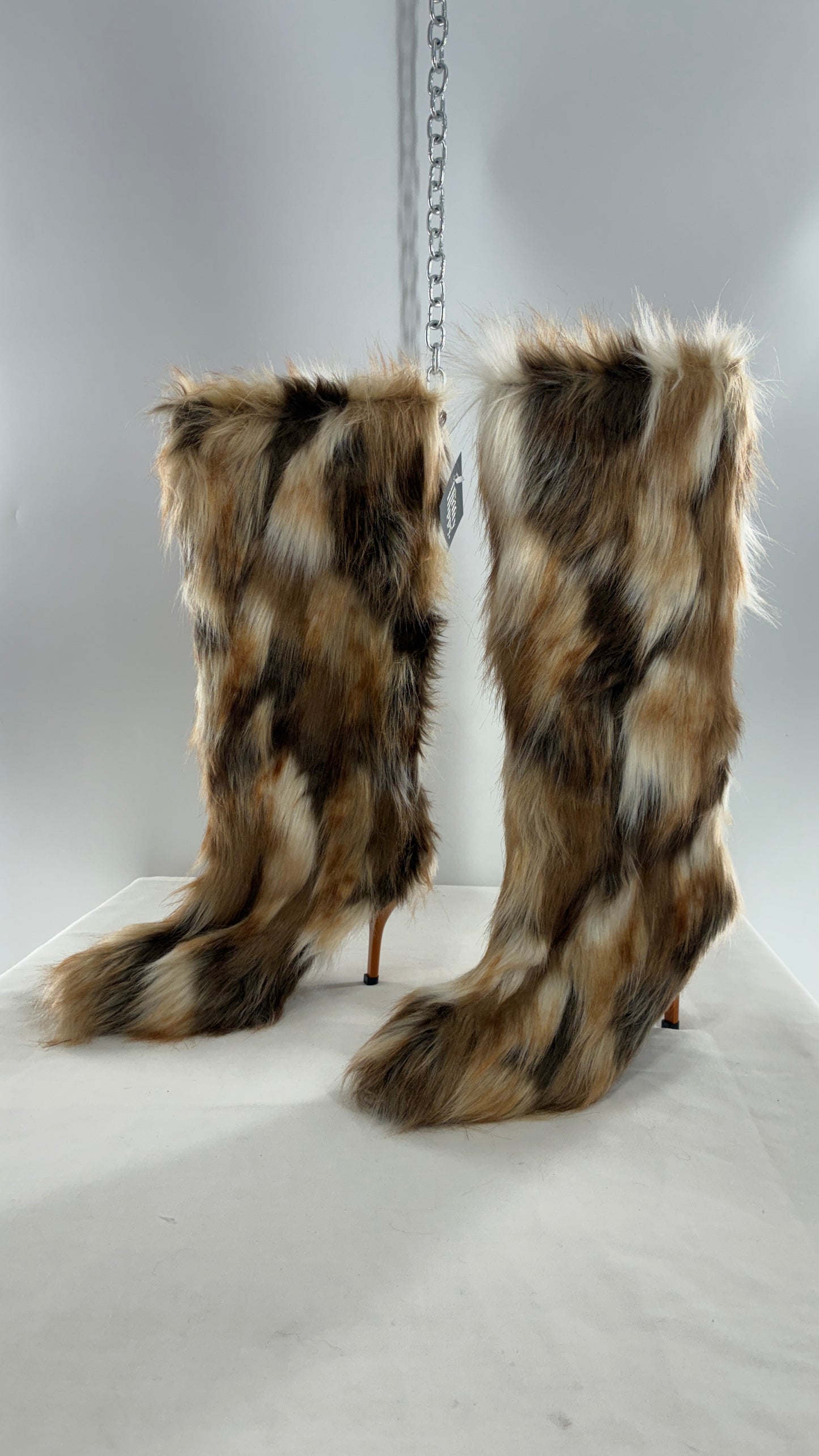 Vintage Mixed Tone Vegan Fur, Knee High, Pointed Toe Boots (43)