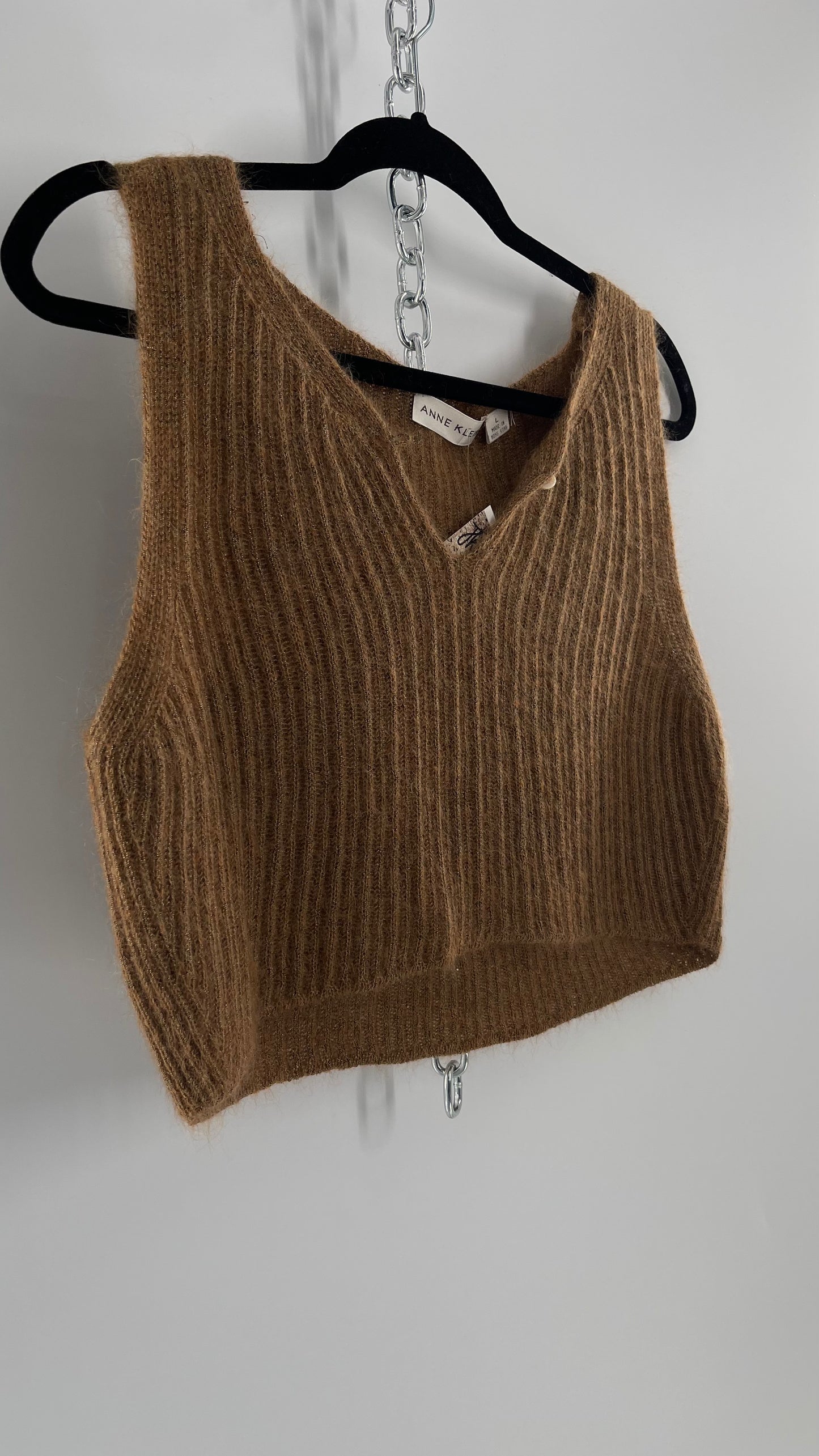 Vintage Anne Klein 42% Mohair Tan Knit Tank with Gold Tinsel (Large)