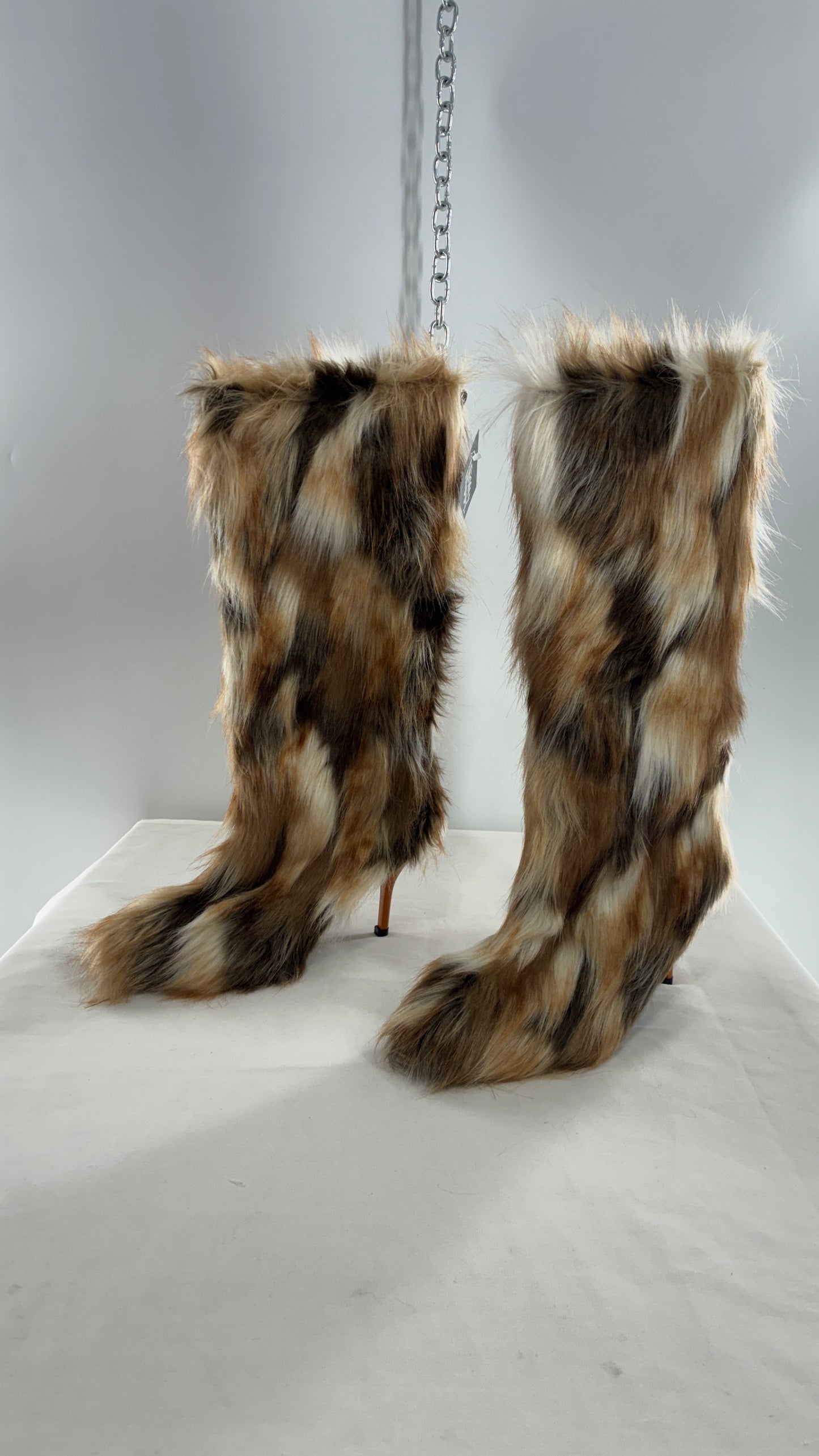 Vintage Mixed Tone Vegan Fur, Knee High, Pointed Toe Boots (43)