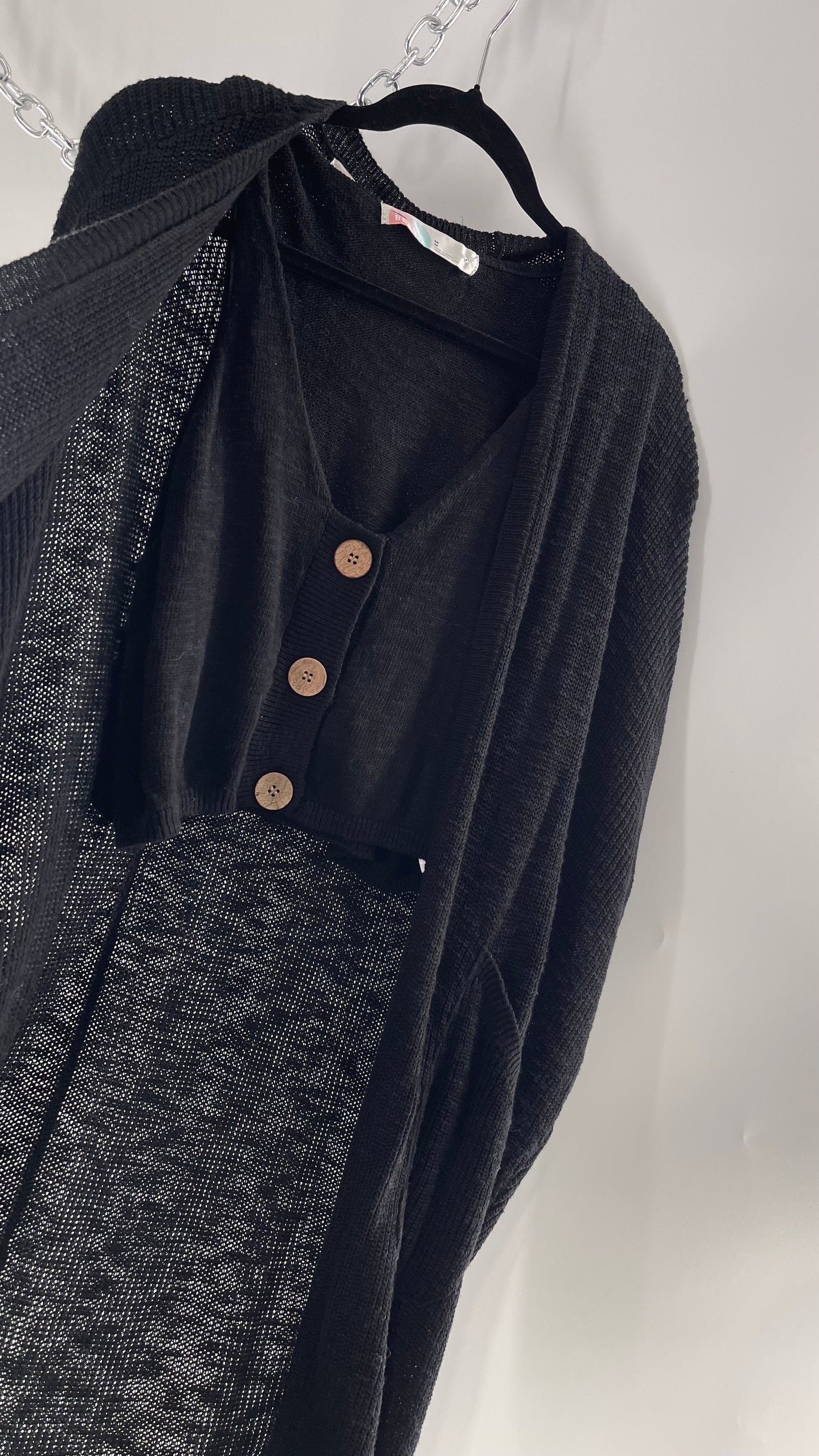 Free People Kai 3 piece Black Knit Cardigan, Tank, Shorts Set with Extra Button Never Worn (Medium)