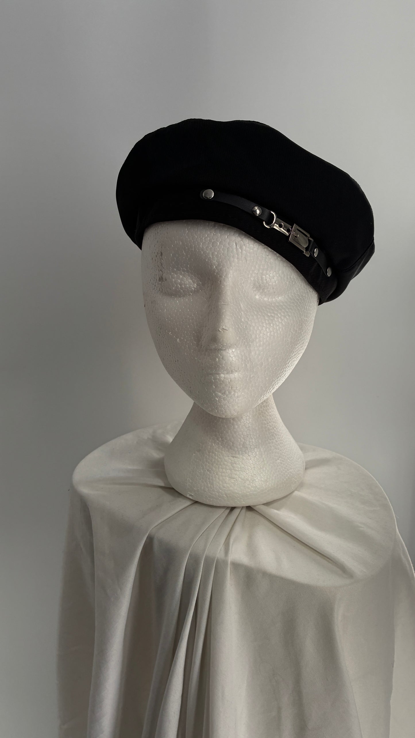 Black Beret with Vegan Leather Strap with Silver Metal Hardware