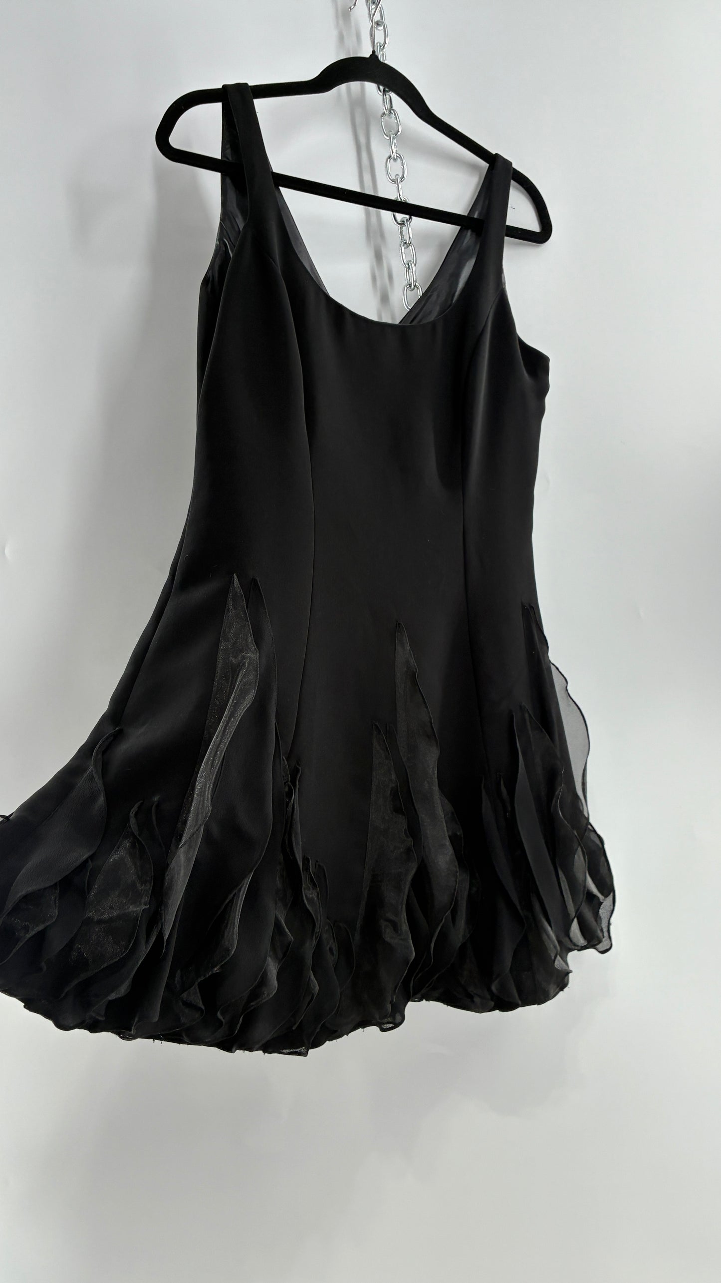 Vintage JS BOUTIQUE Black Structured Petite Mini Dress with Ruffled Hem (10P)
