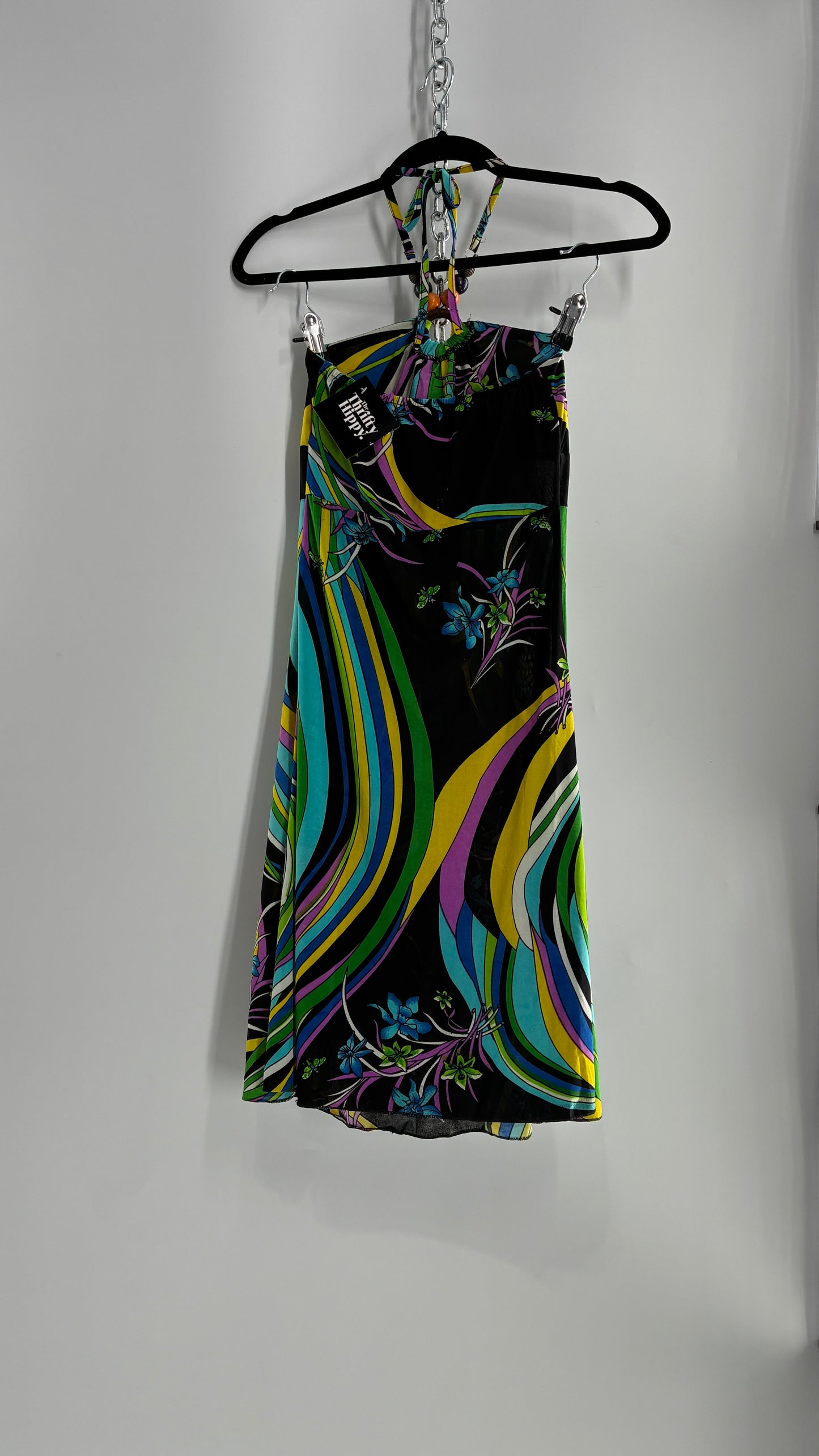Vintage 1990s Halter Contrast Swirl Dress with Beaded Choker and Built in Bust Padding (Small)