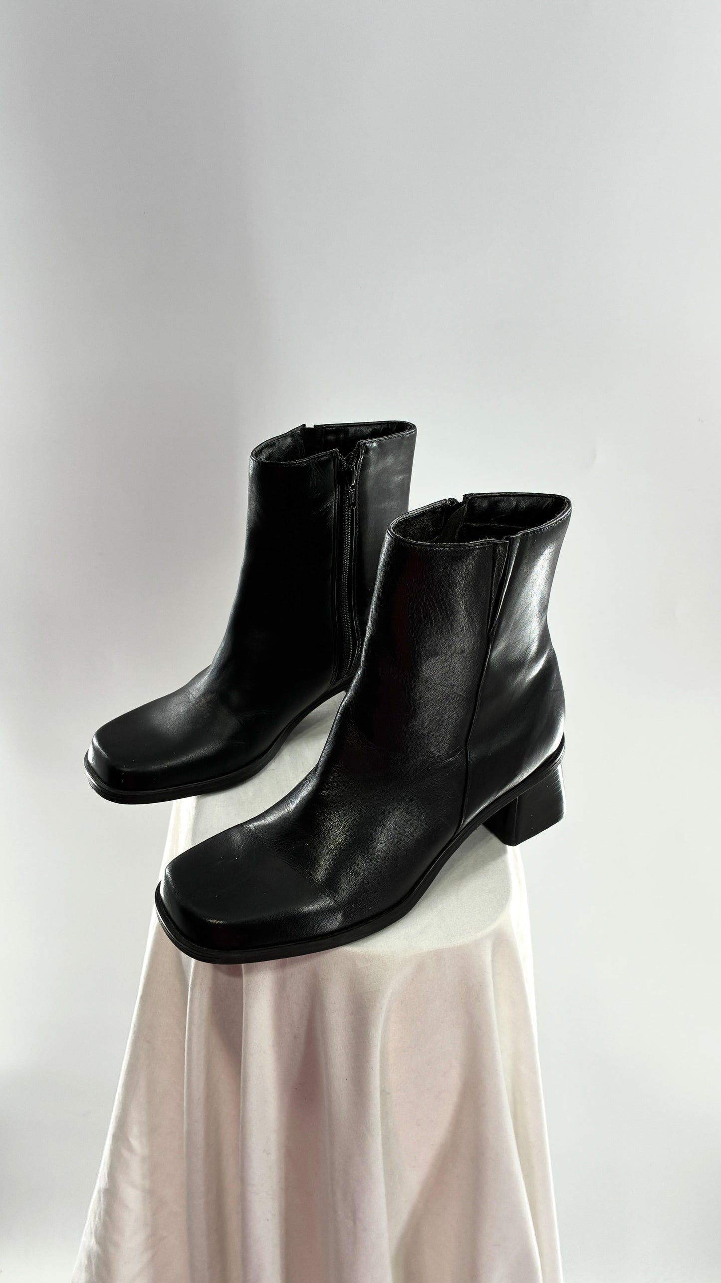 Vintage Naturalizer Black Square Toe Genuine Leather Block Heel Boots Made in Brazil (8)