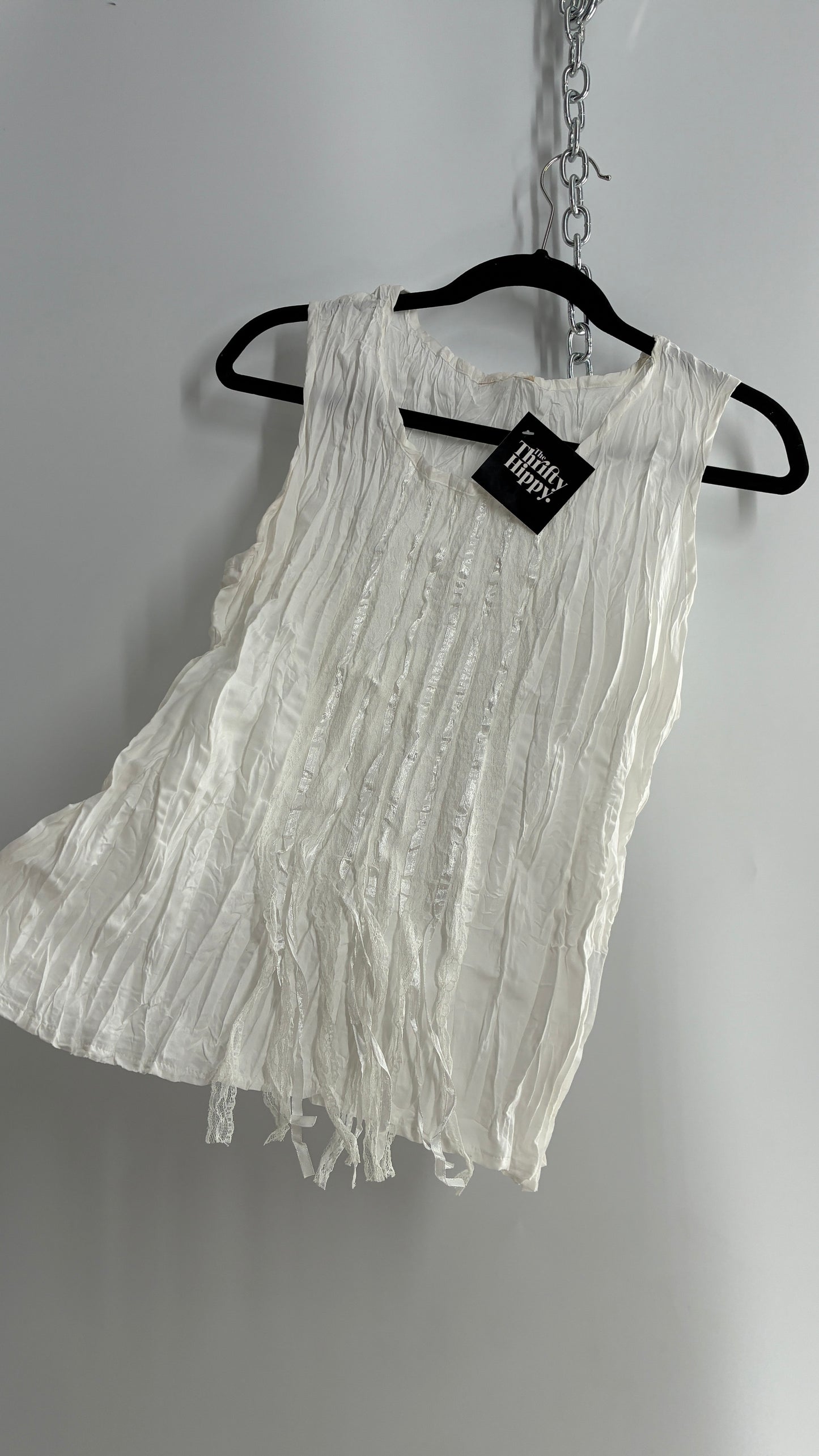 Vintage 1990s Crimped White Camisole with Tassels, Ribbons, and Lace (Medium)