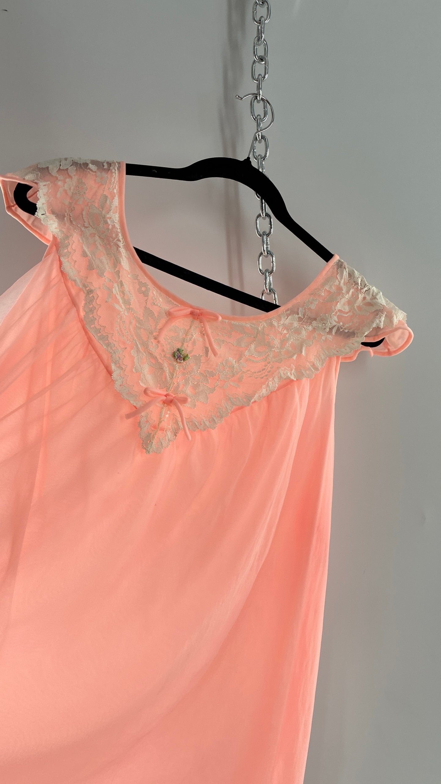 Vintage Neon Pink Babydoll Mini with Lace Sailor Style Neckline with Bows and Embroidery (48)