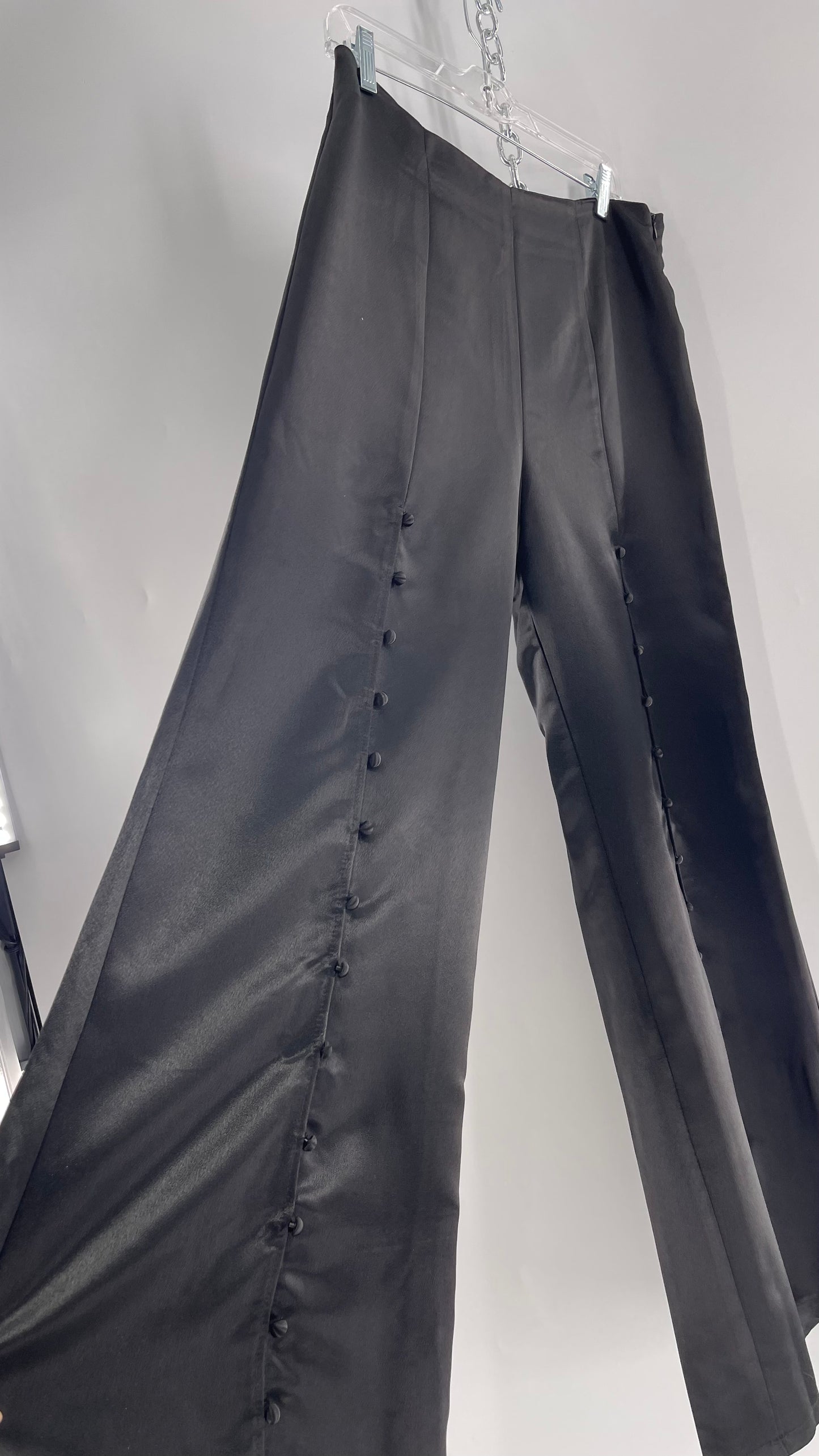WHY Sultry Steps Black Satin Wide Leg Trouser with Vertical Strip of Satin Buttons (Medium)