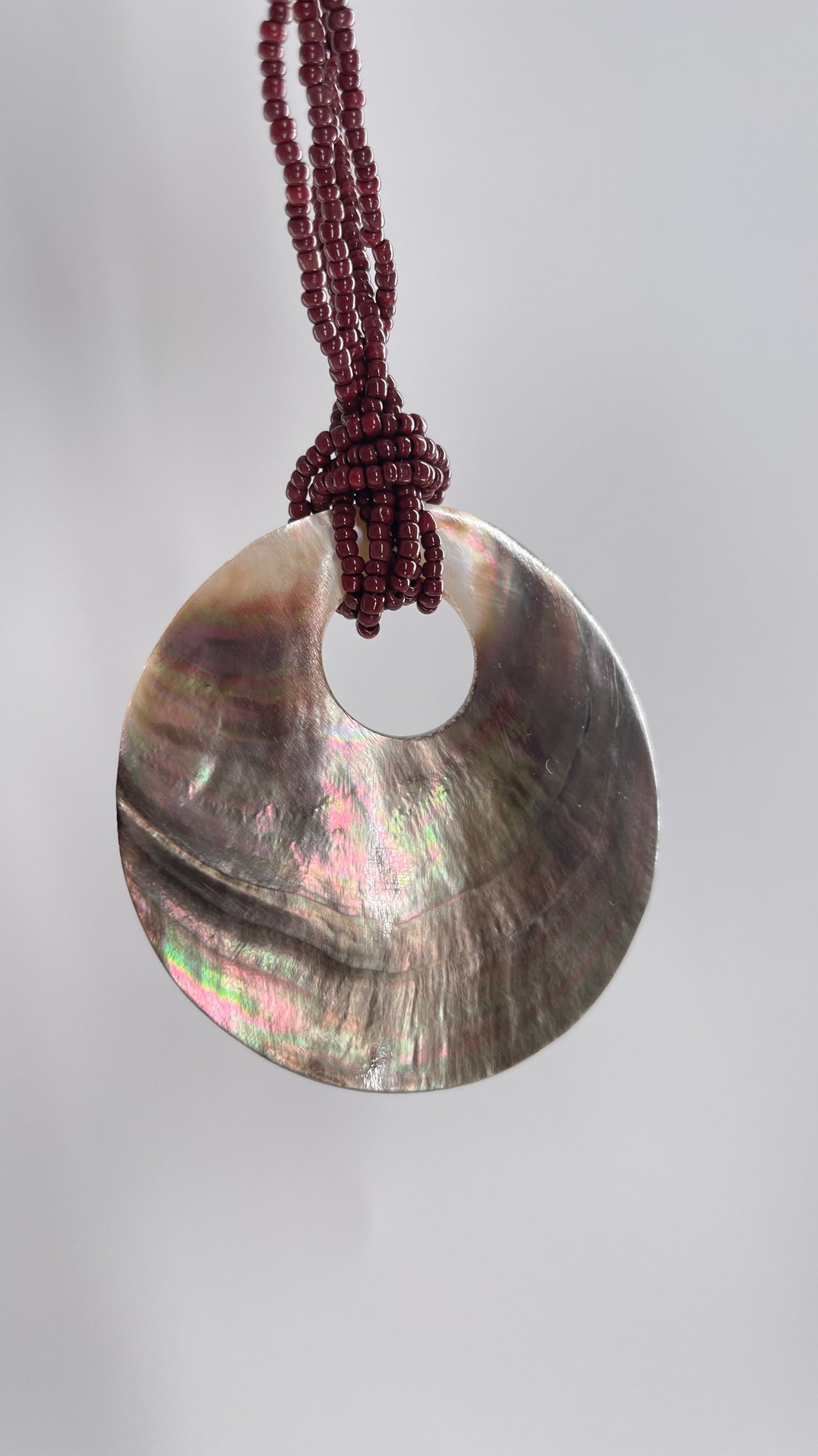 Vintage 1990s Burgundy Beaded Choker with Statement Iridescent Shell Pendant