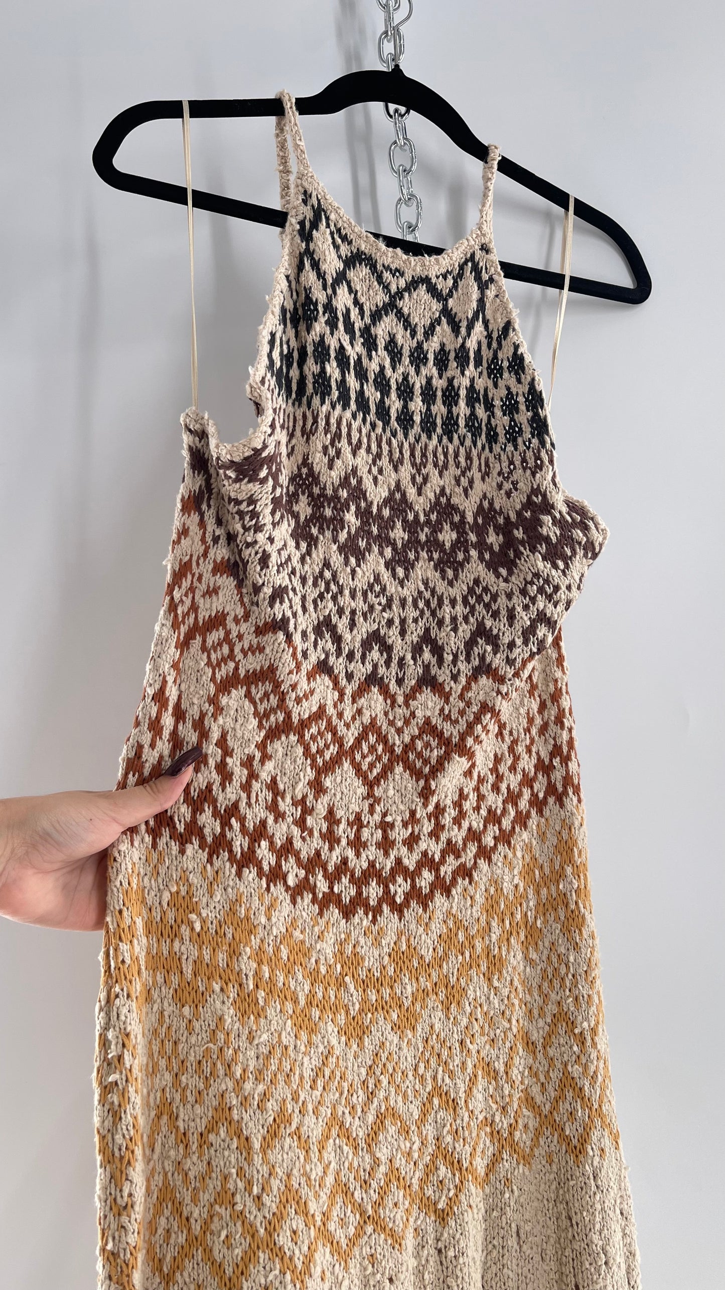 Free People Beige Ikat Oasis Knit Halter Maxi Dress (Small)