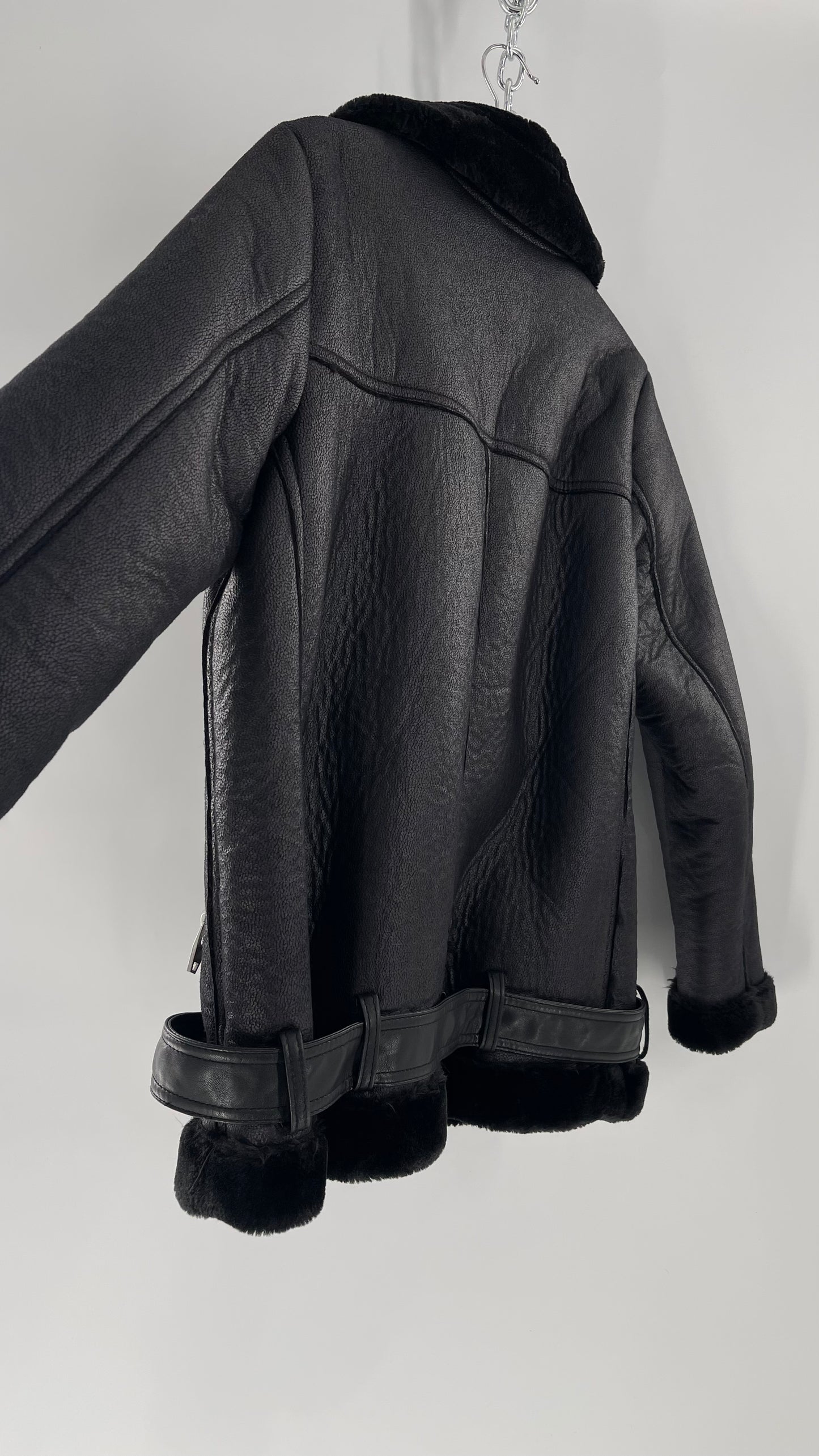 H&M (C) Black Faux Leather Moto Jacket with Faux Fur Lining (10)