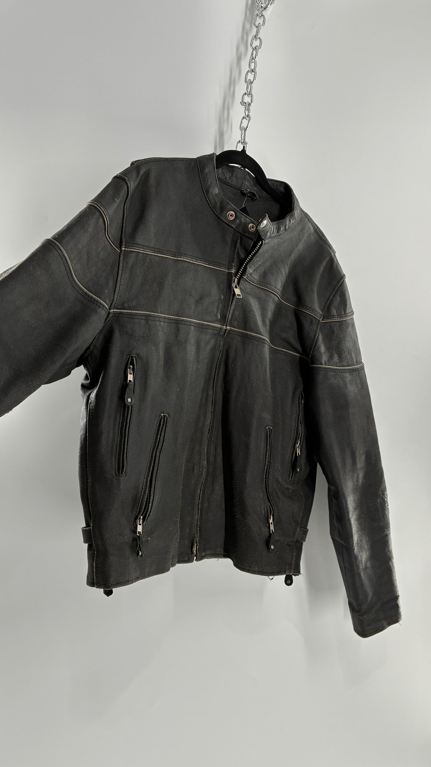 Vintage Distressed Genuine Leather Motorcycle Jacket with Zippered Pockets, Cuffs, and Sides (Large)