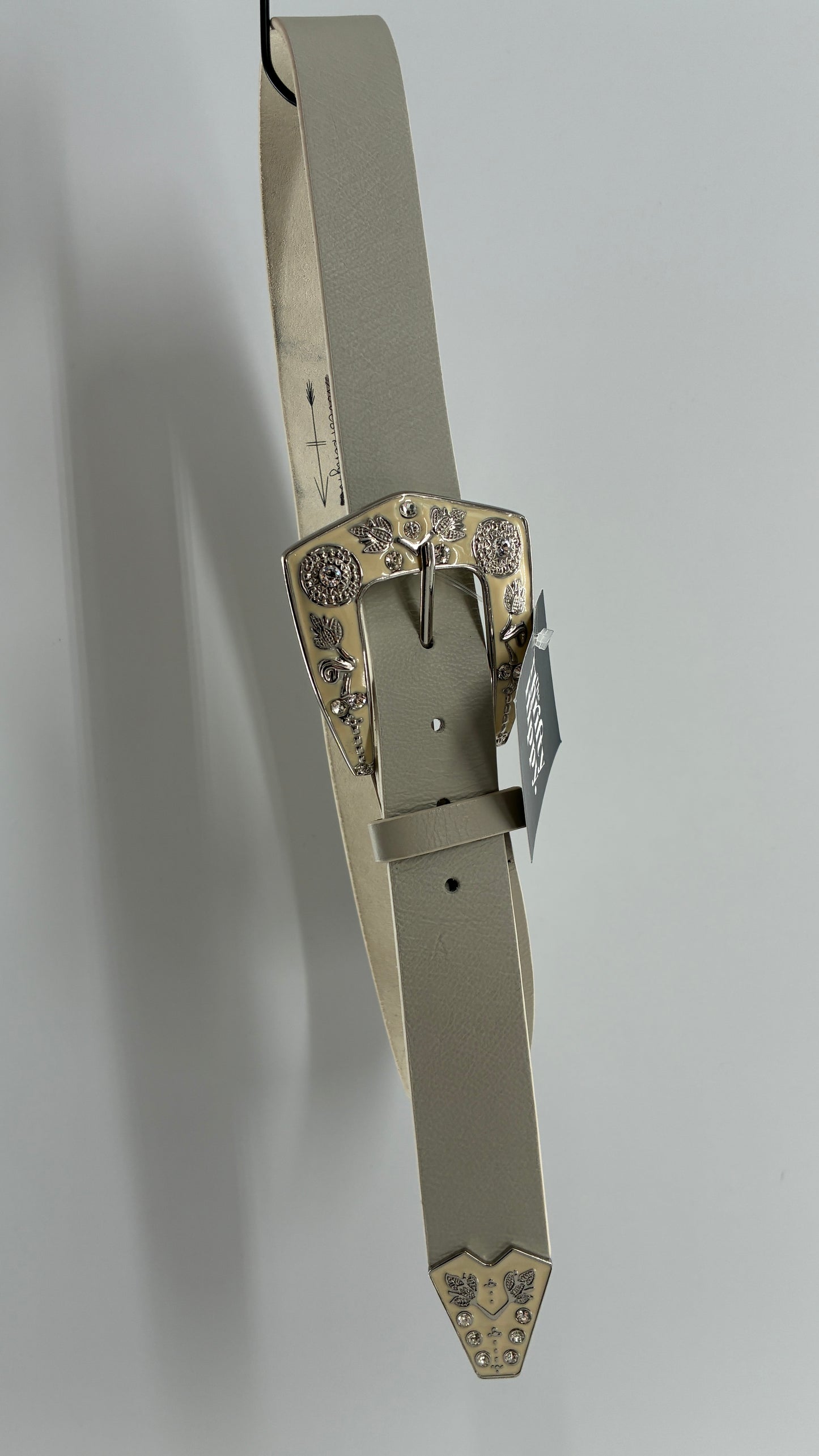 LoveStrength Anthropologie Off White Leather Belt with Oversized Dramatic Buckle (M/L)