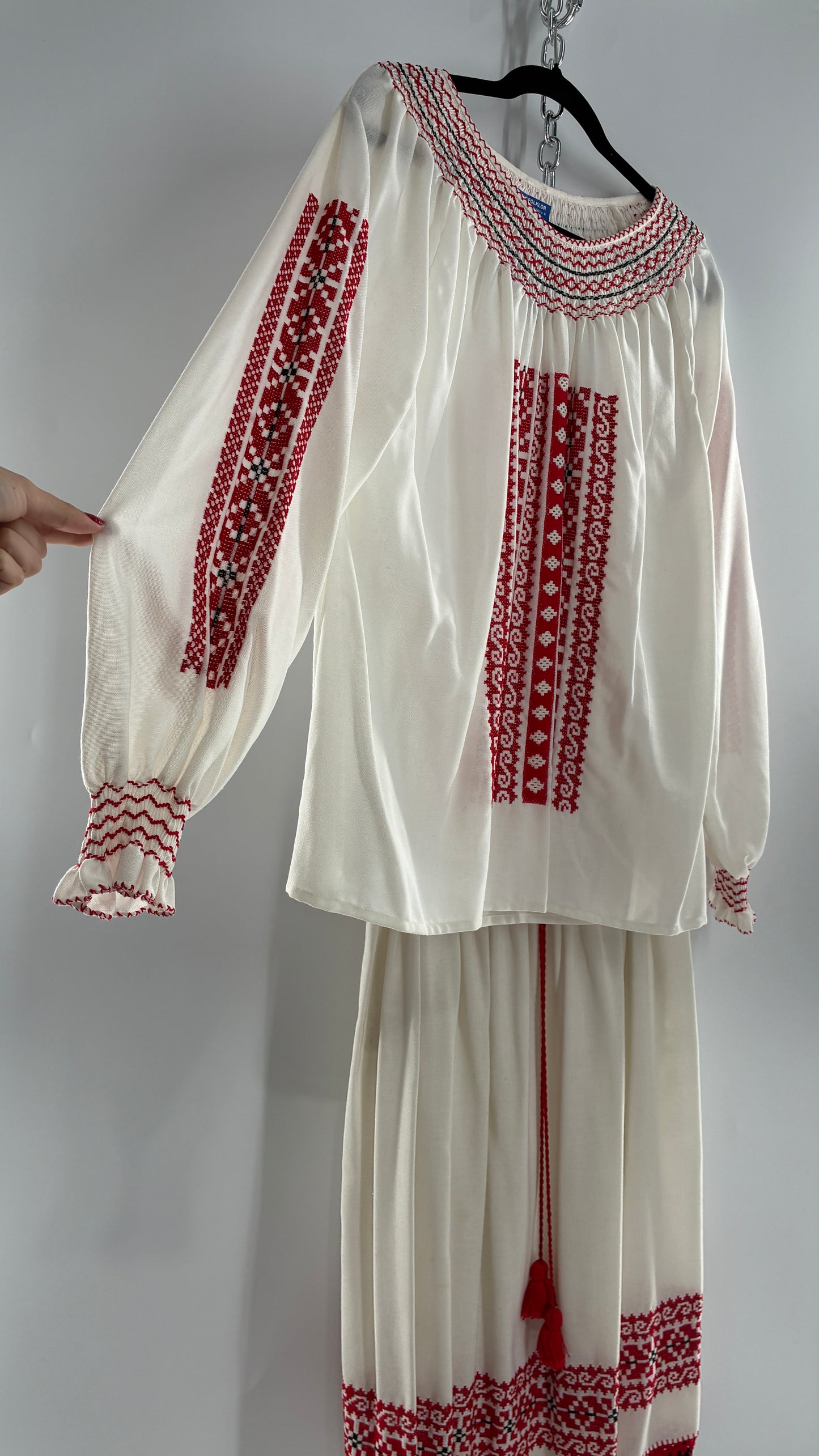 Vintage 1970s LUX FOLKLOR Budapest Handmade Cotton Long Sleeve and Skirt Covered in Red Embroidery and Stitching