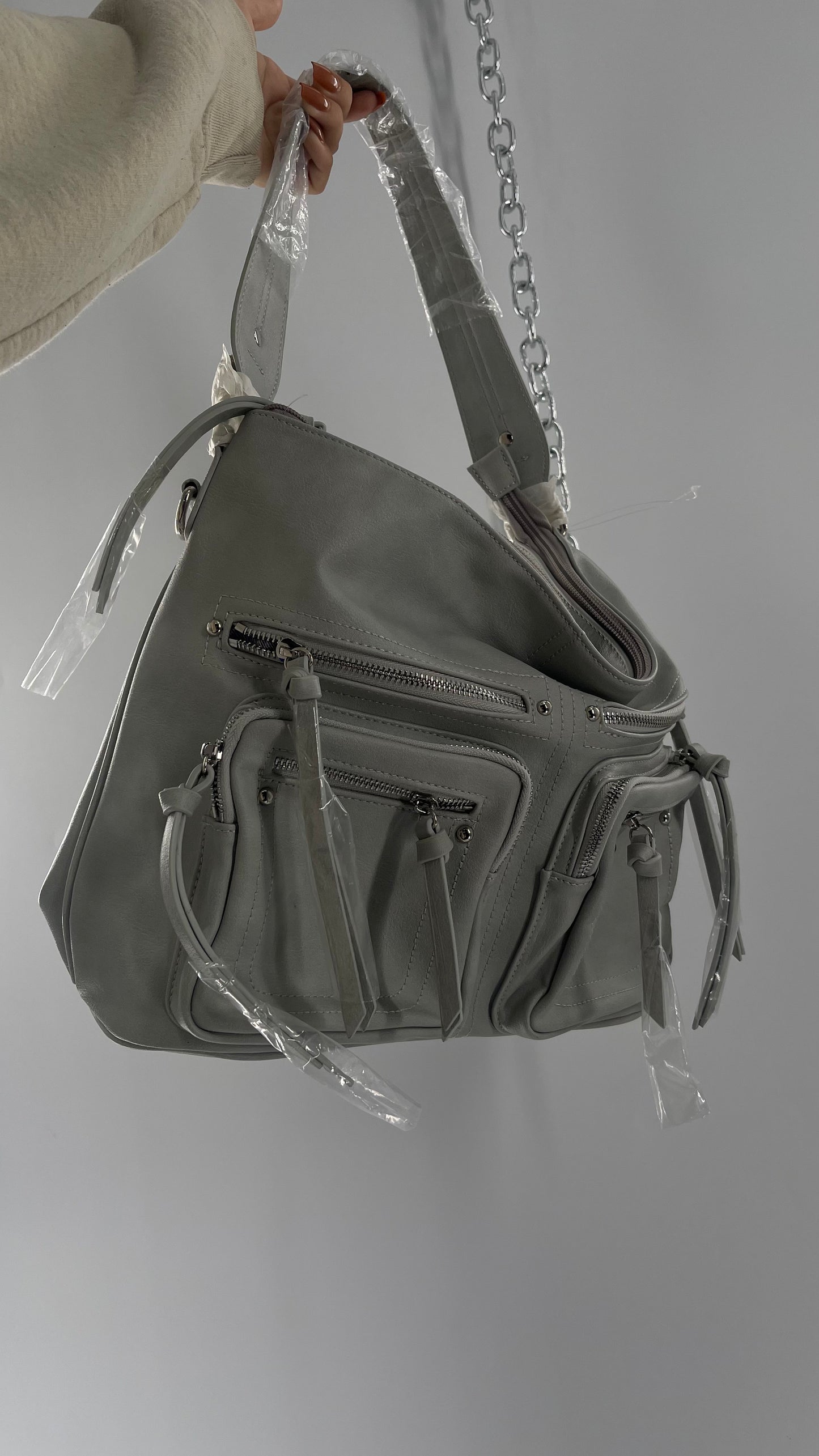 Free People Grey Leather Bag with Heavy Silver Metal Detailing, Pockets and Extra Strap