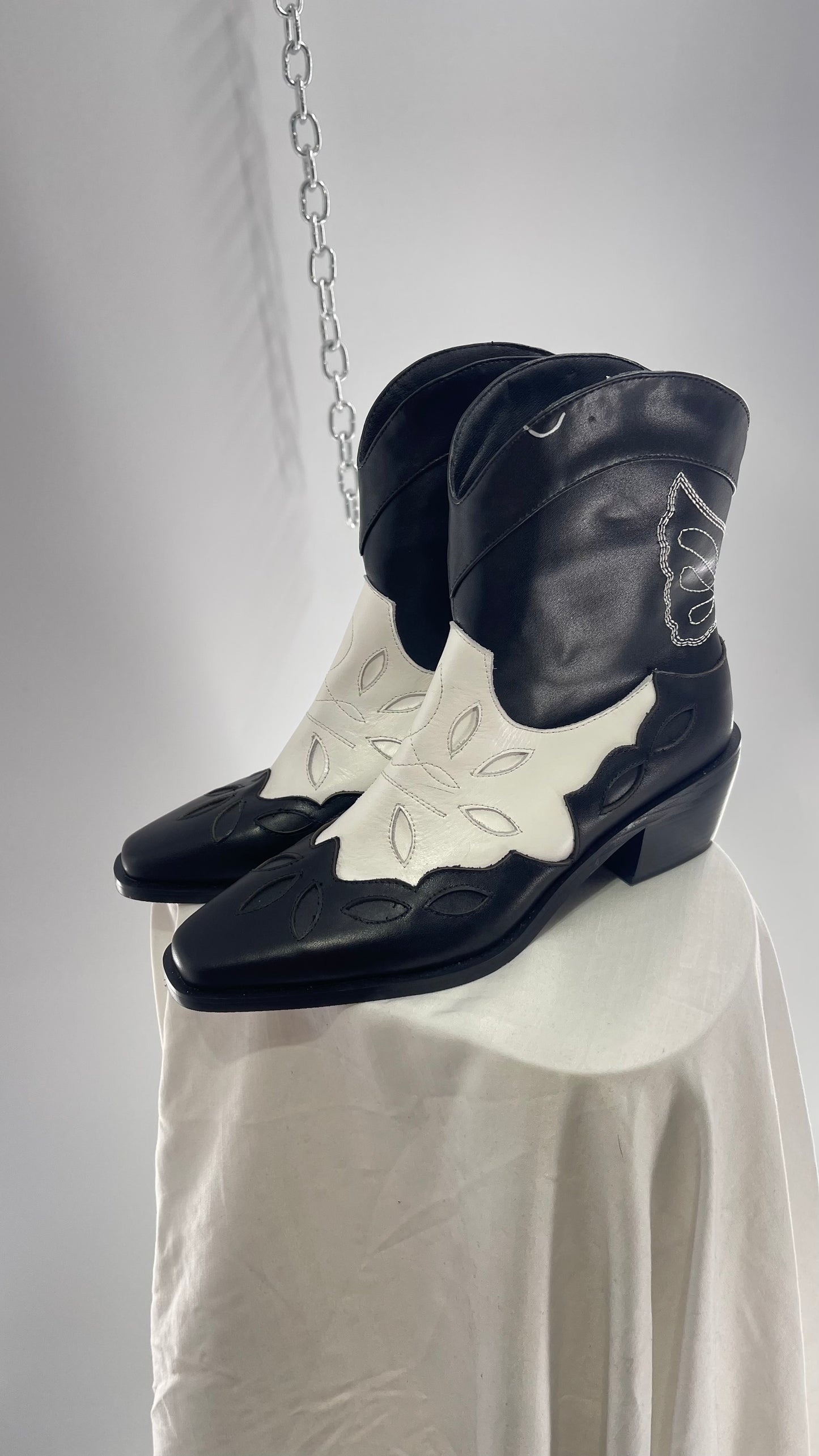 Black and White Cowboy Boots with Embroidered Butterfly Wings on Back (40)