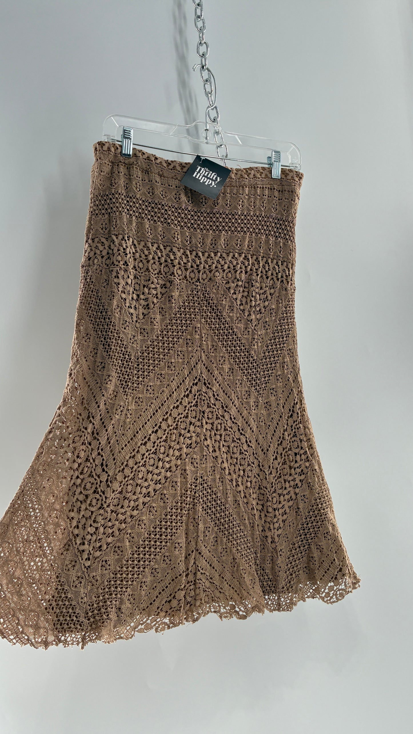 Vintage SOLITAIRE Tan Brown Lace Midi Skirt (Medium)