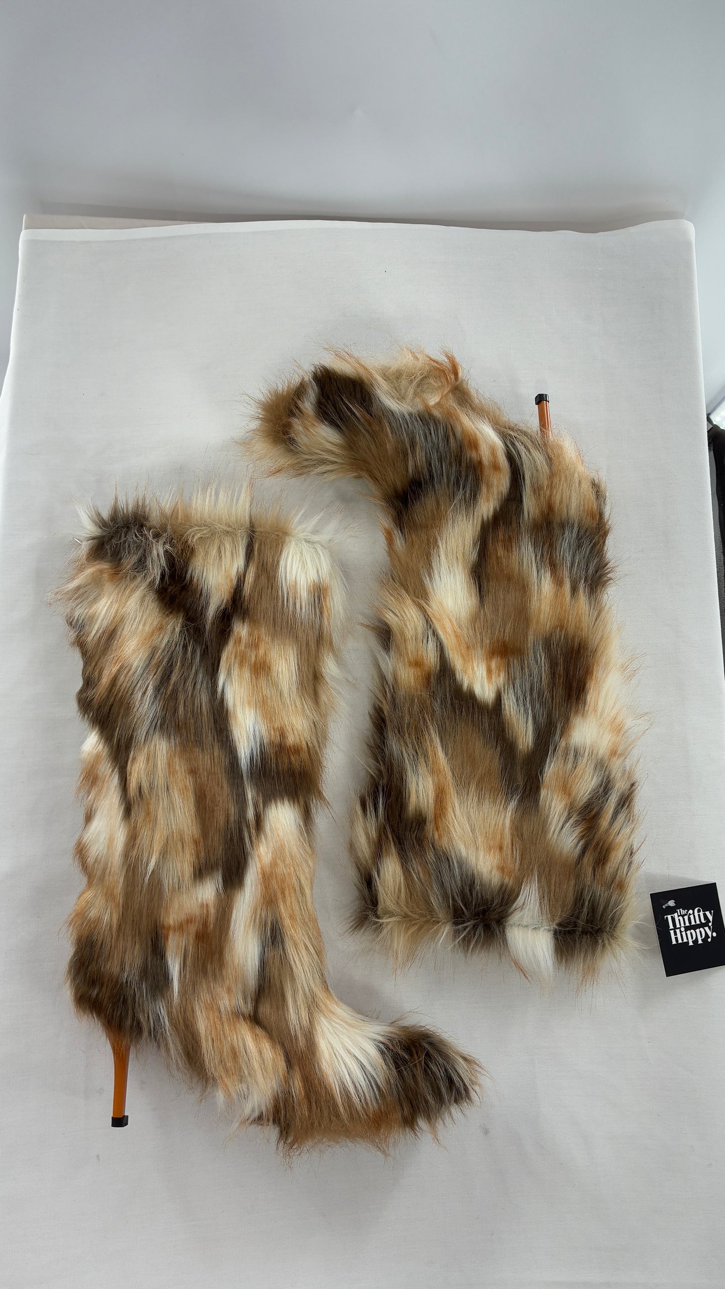 Vintage Mixed Tone Vegan Fur, Knee High, Pointed Toe Boots (43)