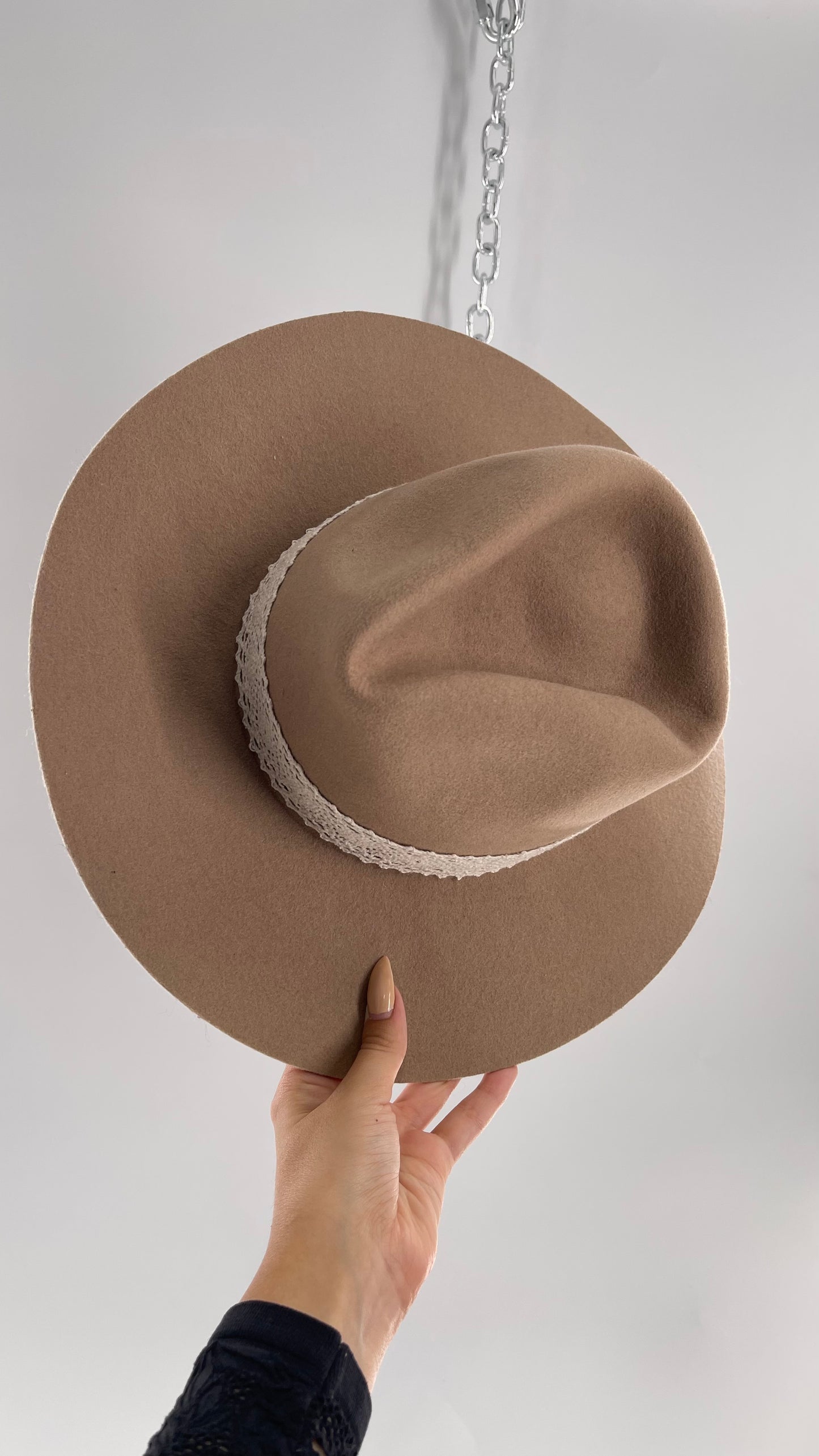 Free People WYETH Tan 100% Wool Lace Belted Wide Brim Sun Hat