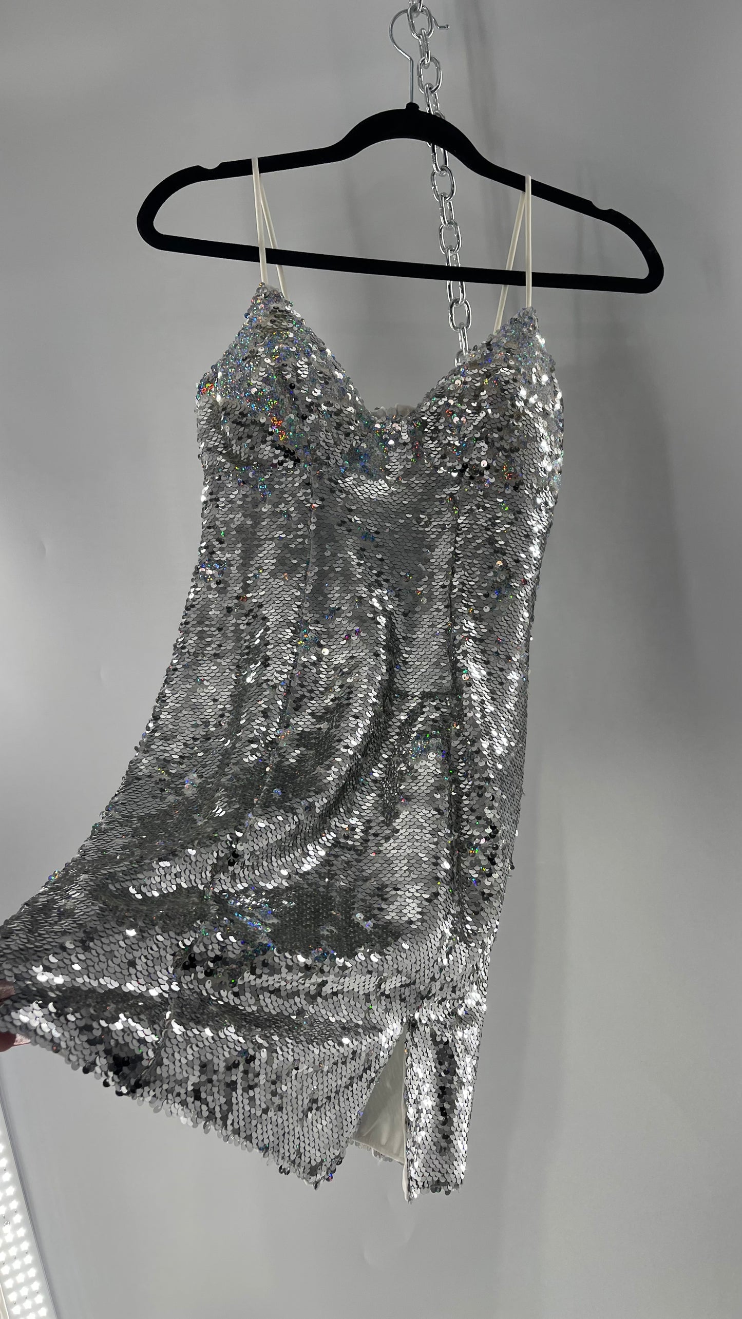 Princess Polly Silver Iridescent Sequin Mini Dress with Triangle Cups and Thigh Slit (0)
