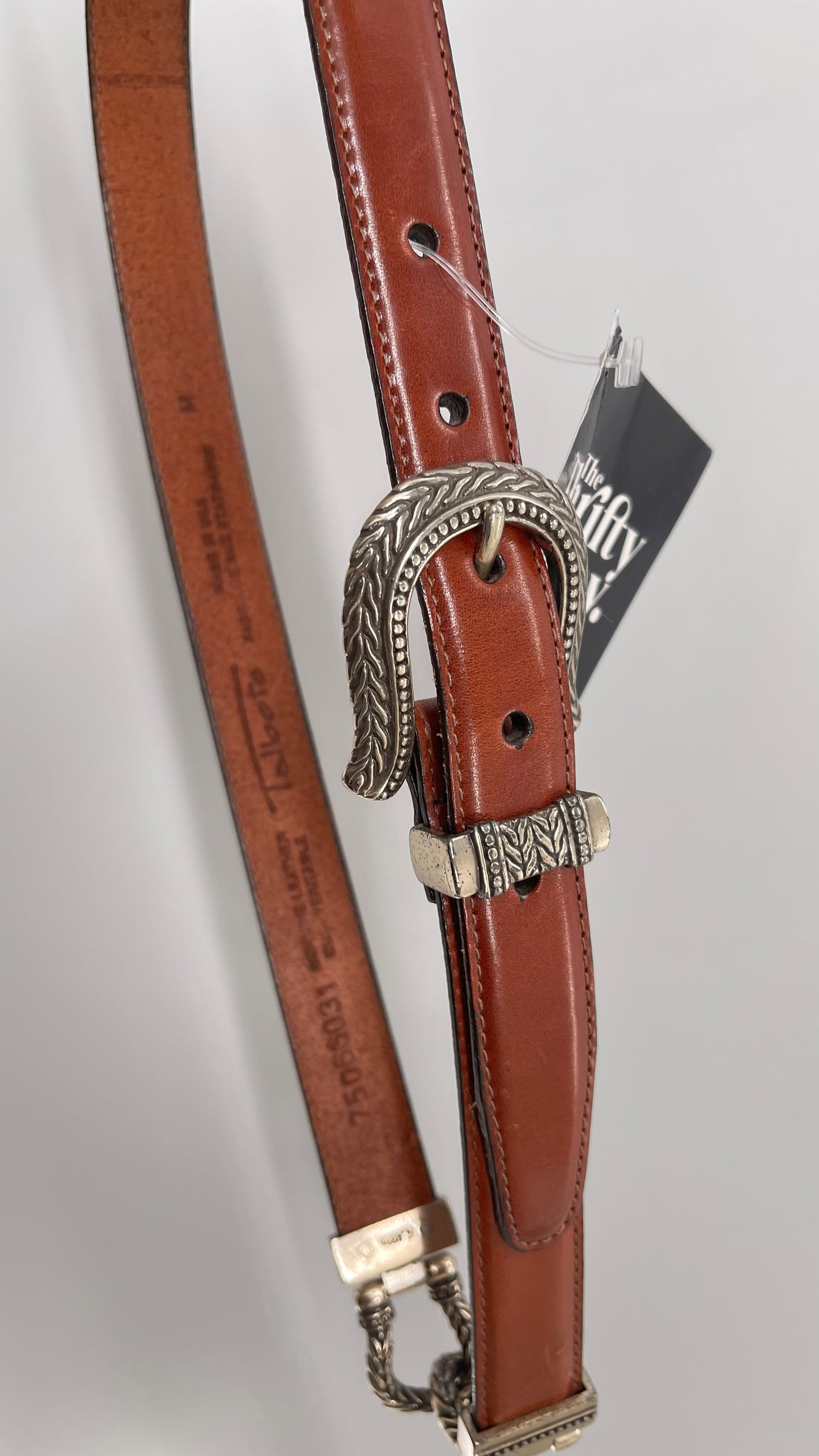Vintage 1996 Brown Leather Skinny Belt with Western Style Silver Engraved Buckle (Medium)