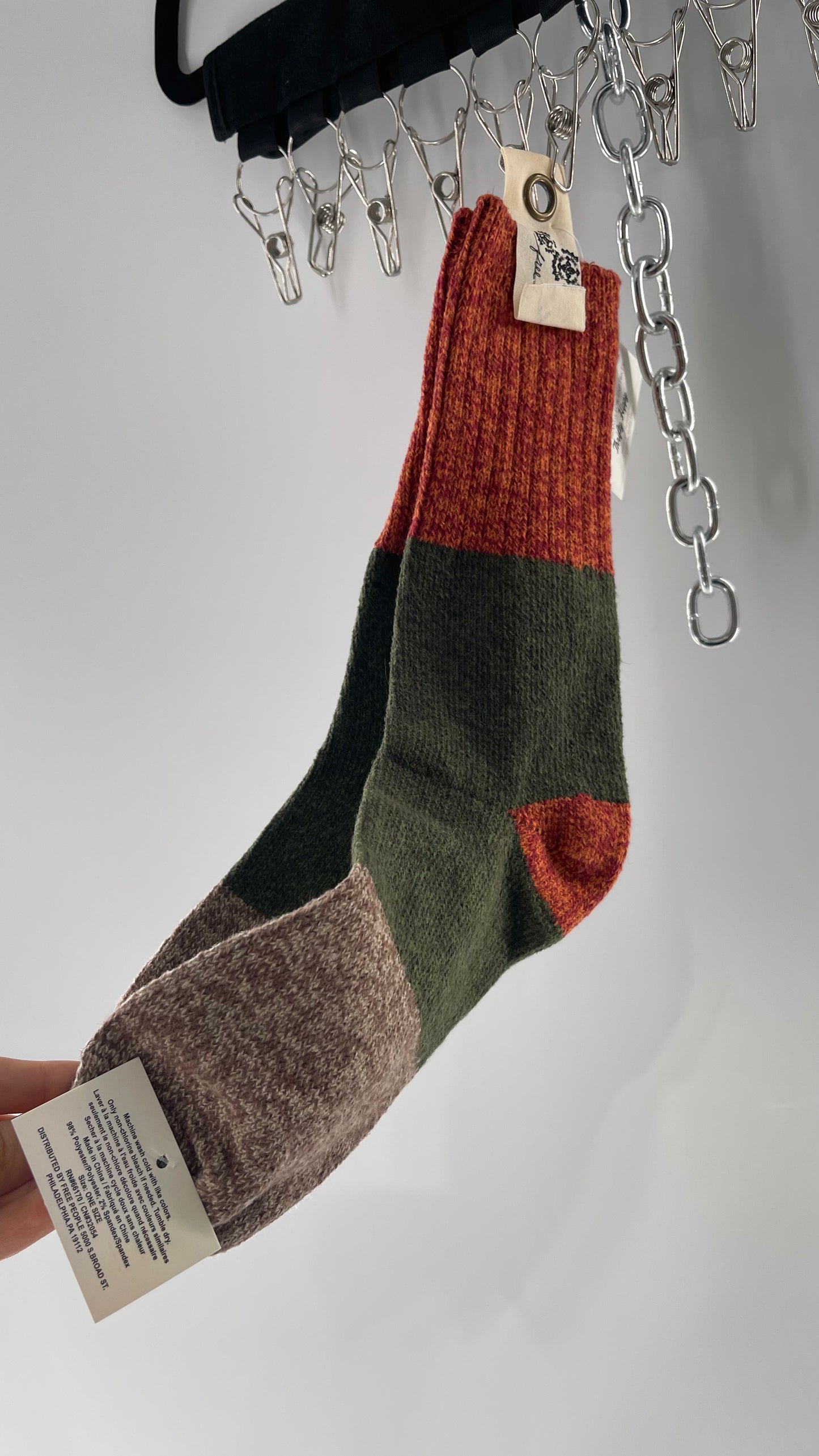 Free People Soft Orange, Army Green and Brown Color Blocked Sock