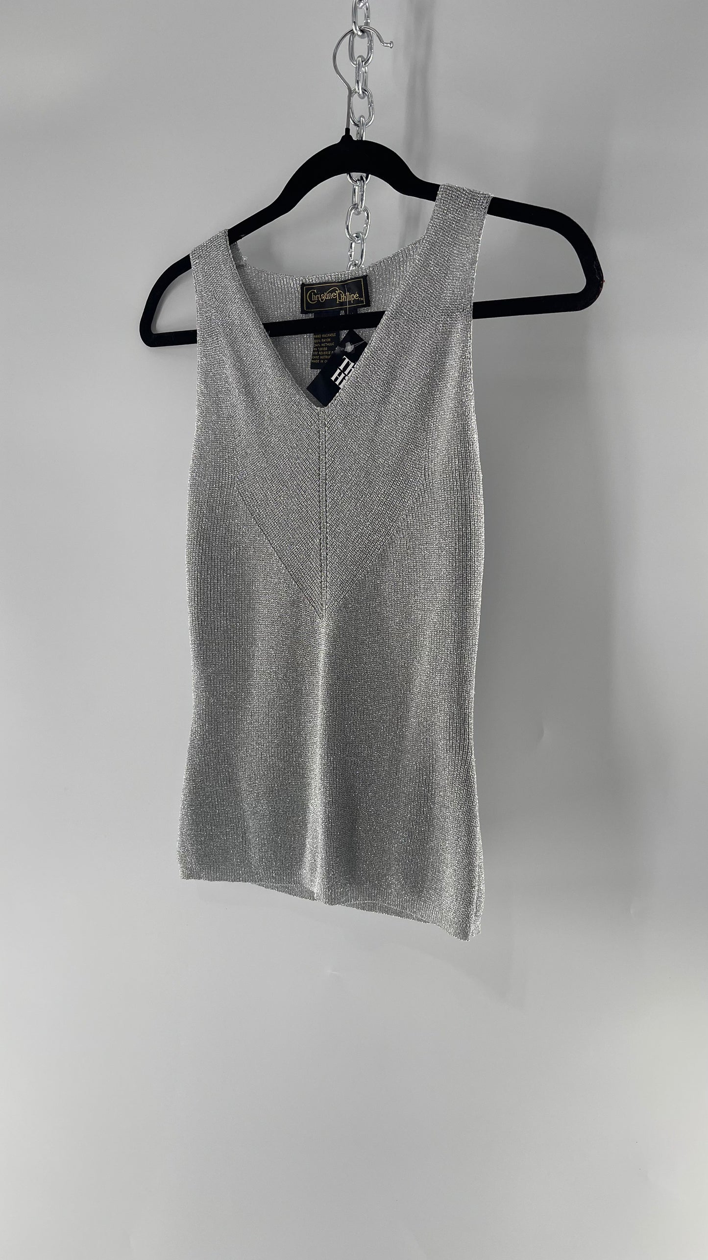 Vintage Christine Phillipe Vintage Metallic Silver Tinsel Knit Tank (Medium)