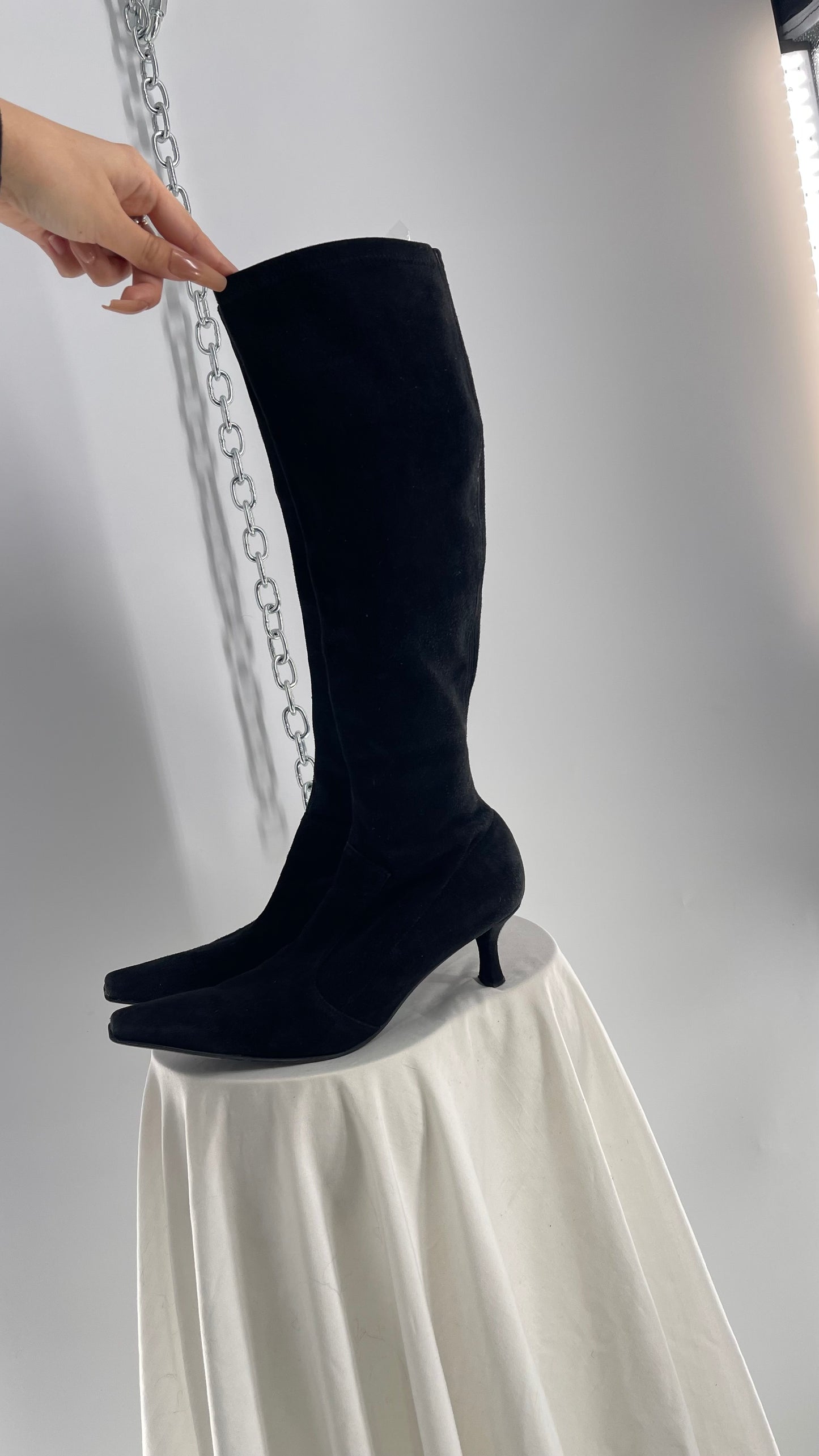 Vintage 1990s Stuart Weitzman Black Suede Leather Kitten Heel Pointed Toe Knee Highs (8.5)