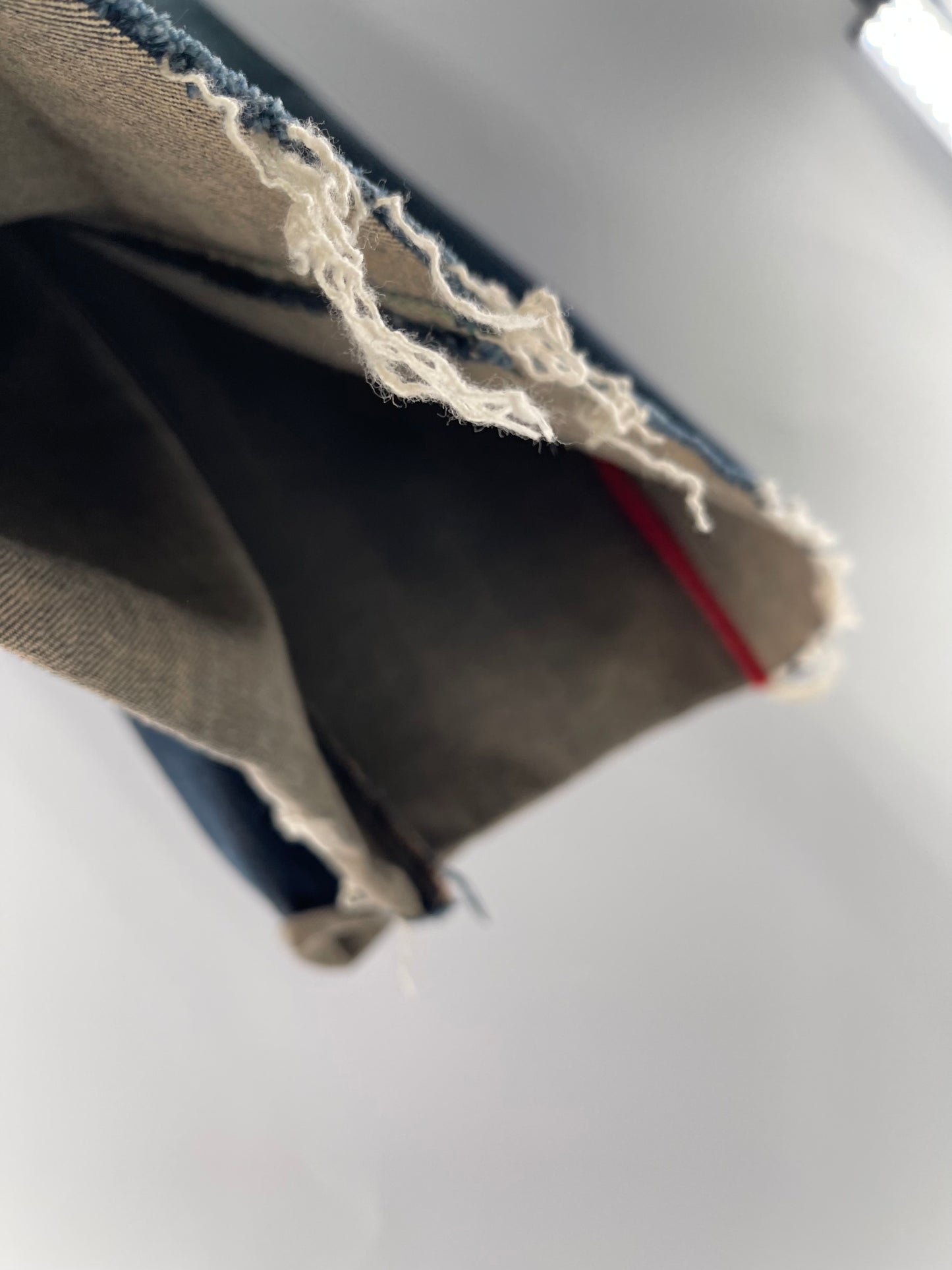 Vintage Stonewash Bebe Denim Long Skirt with Raw Edge Hem and Beaded Back Pocket Detail (27)