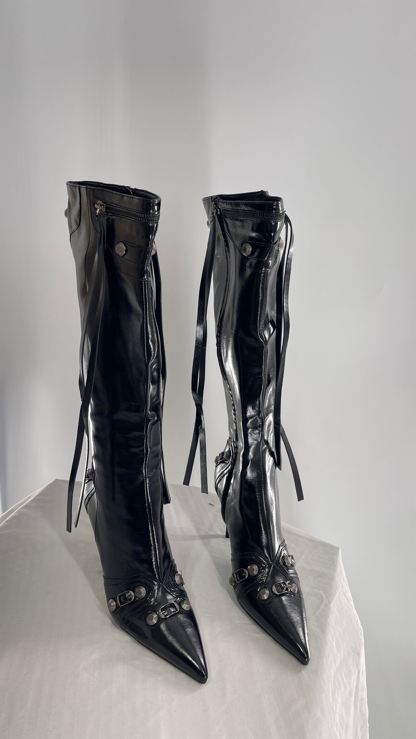 Black Pointed Toe Strappy Heeled Knee High Boots with Metal Hardware Details (10)