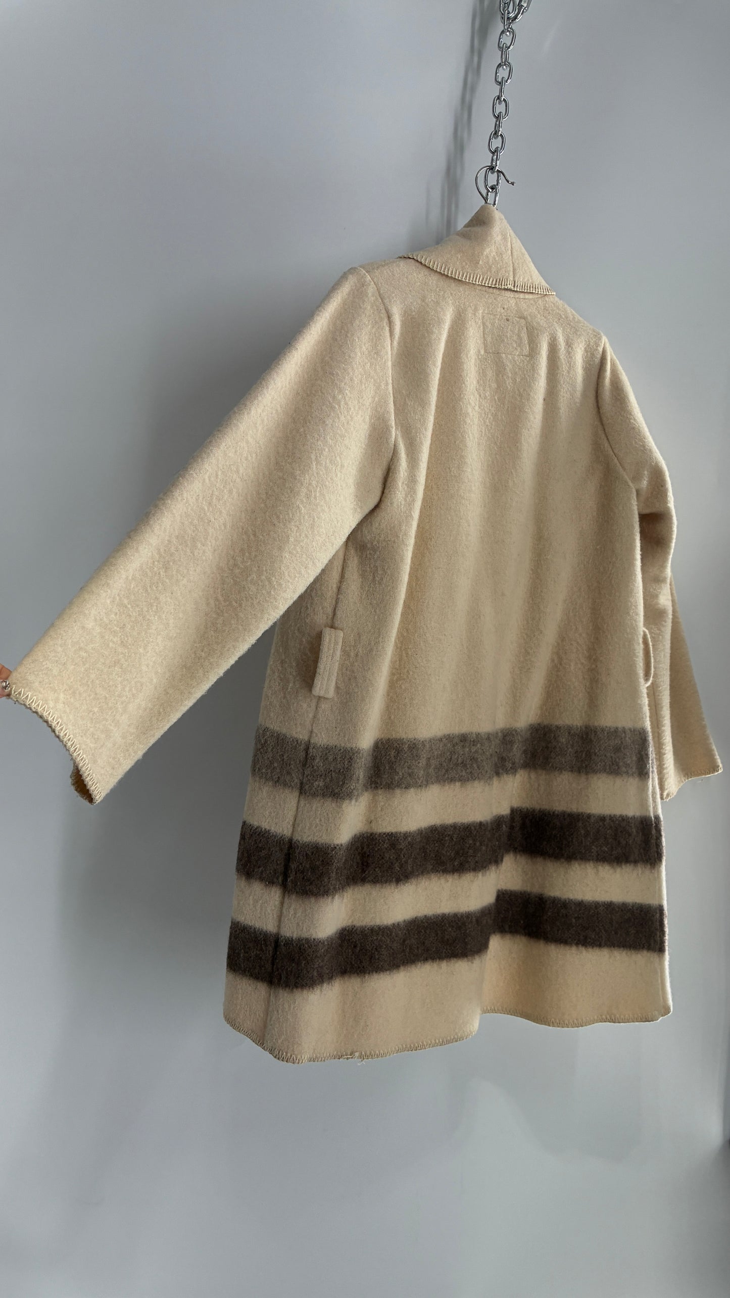 Vintage WOOLRICH Off White 100% Wool Striped Overcoat with Belt Loops (S/M)