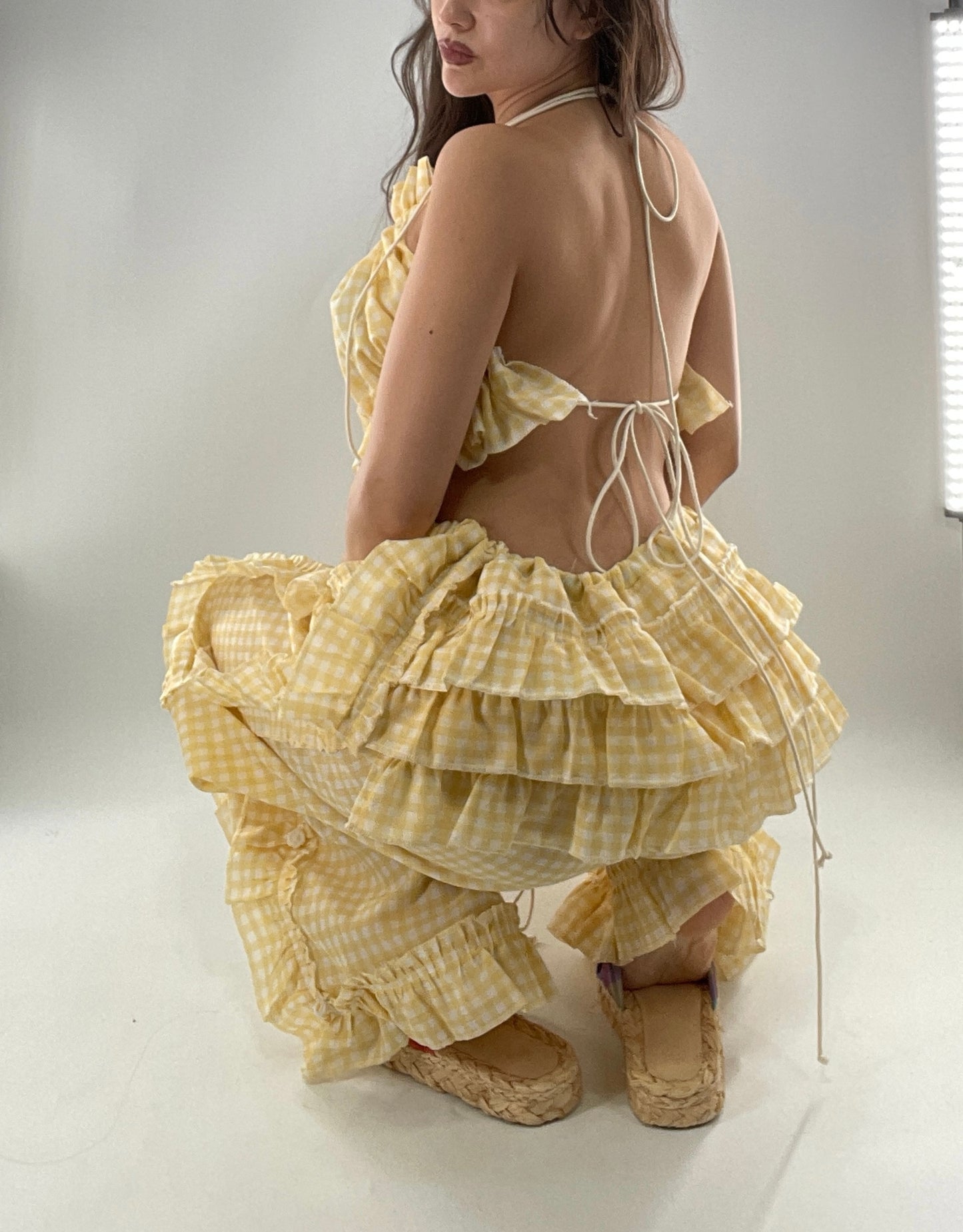 Vintage 2 Piece Yellow Checkered/Gingham Patterned Picnic Set with Ruched Bust Top and Ruffle Side Wide Legs with Adjustable Length, Strap Up Buttons on Hem (One Size)