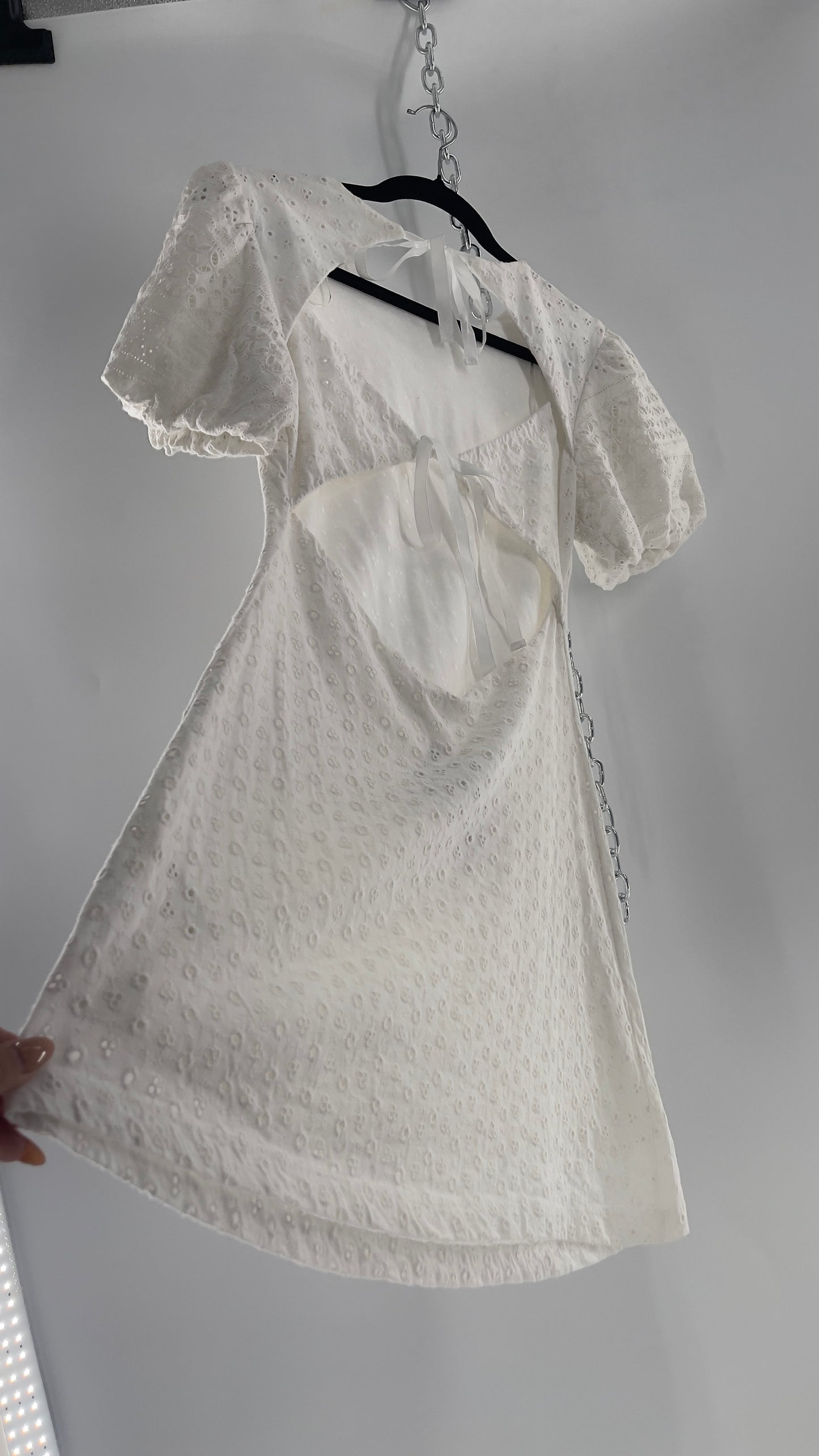 Free People White Eyelet Mini Dress with Puff Sleeve and Open Back (XS)
