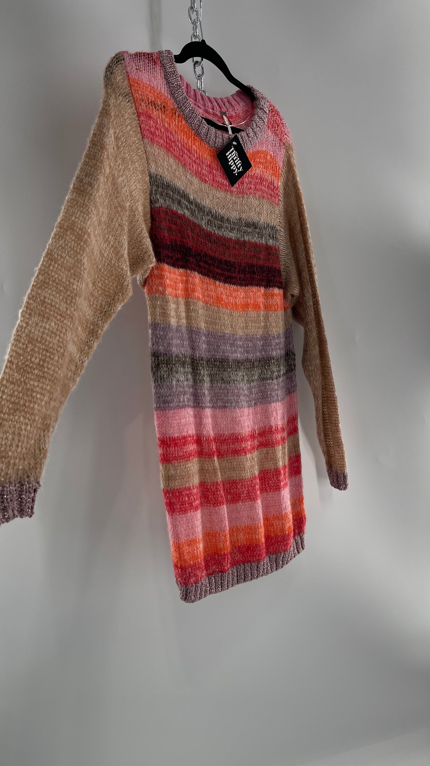 Free People Striped Sweater with Glitter Knit Cuffs and Collar (XS)