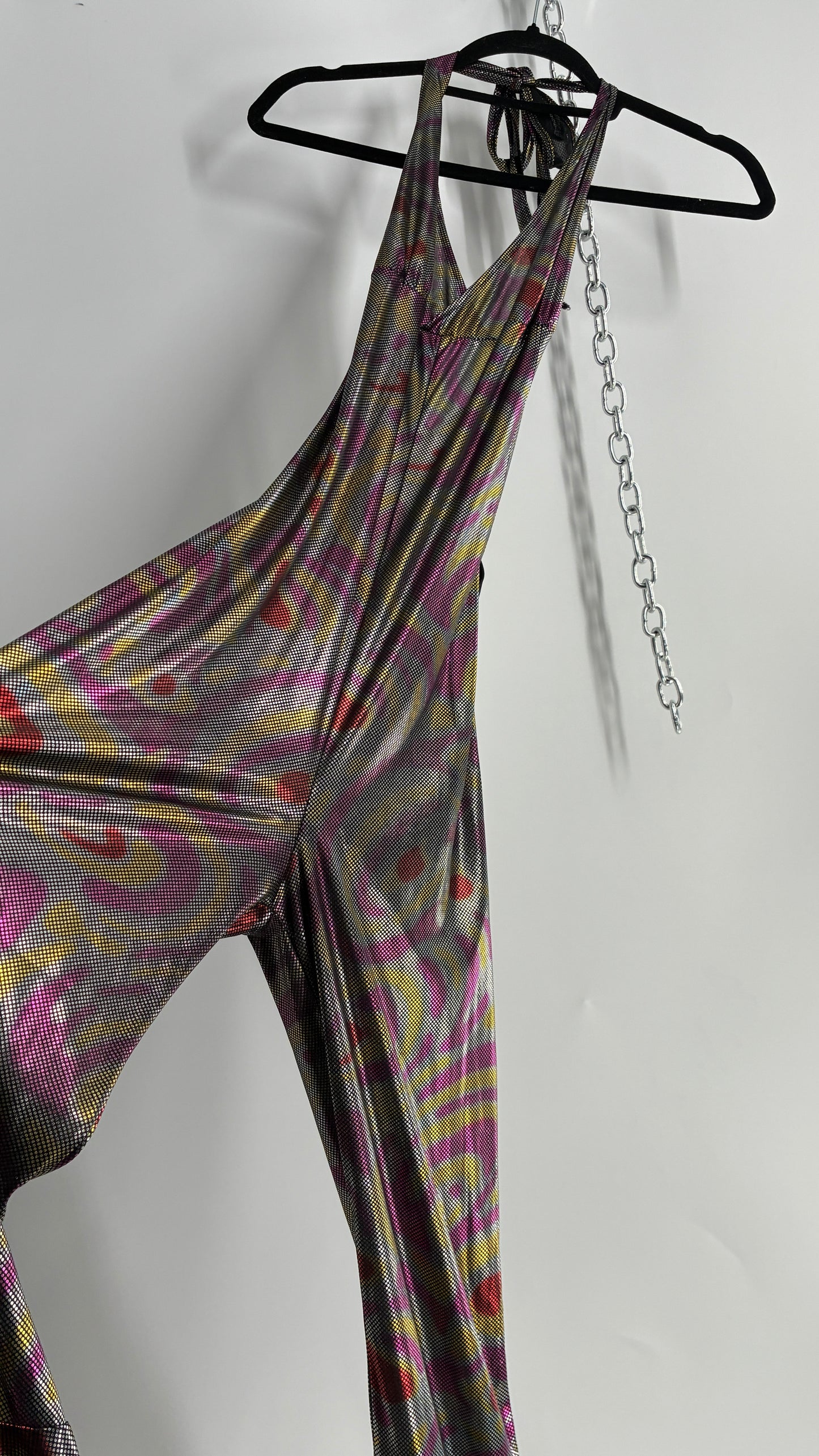 1970s Style Bell Bottom Psychedelic Metallic Jumpsuit with Waist Cinching Back Ties (S/M)