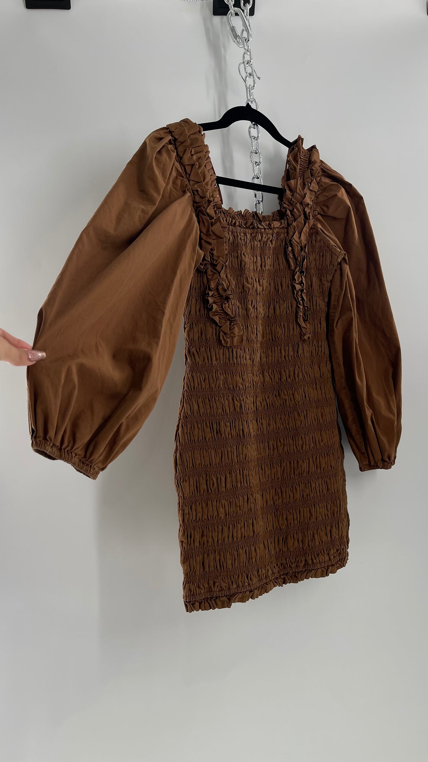 Endless Rose Anthropologie Brown Smocked Ruffle Front Puff Sleeve Mini Dress (Medium)