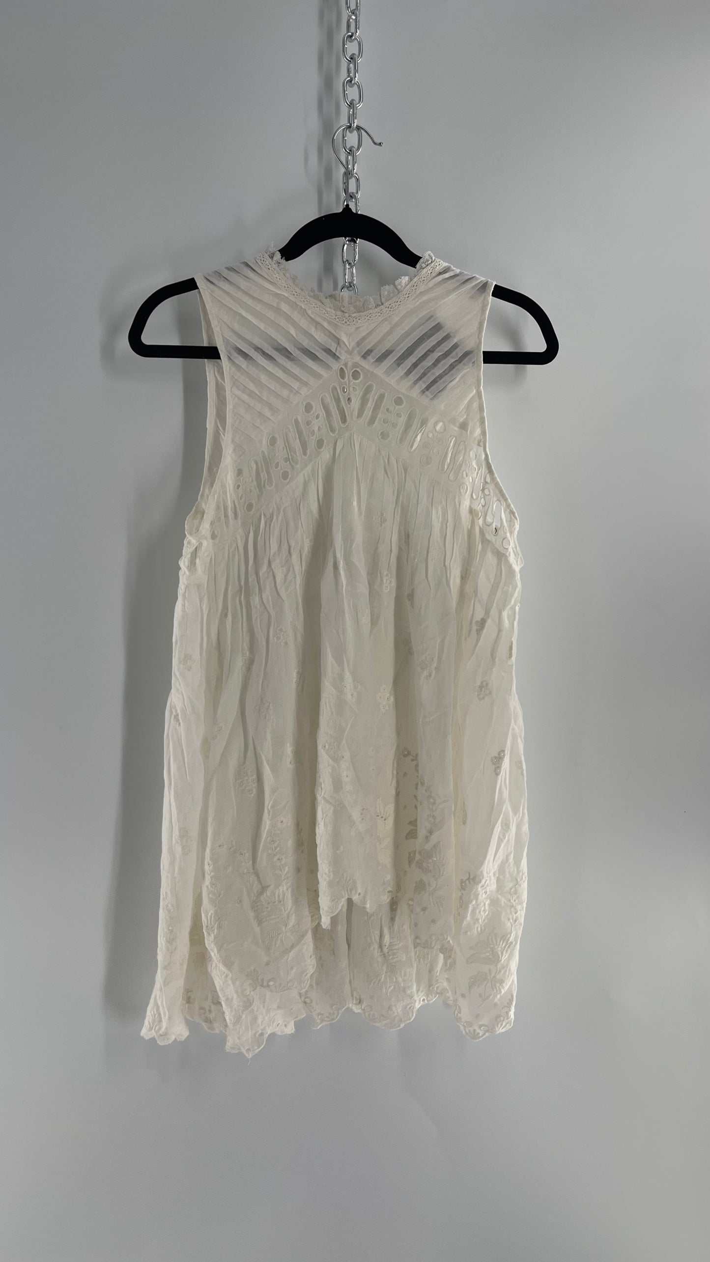 Free People White Cotton Eyelet Embroidered Lace Tank with Pleating, Buttoned and Slit Back (Small)