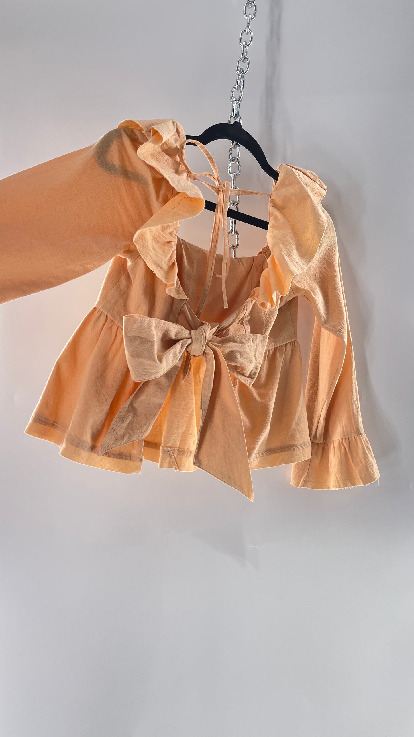 Free People Pumpkin Light Orange Backless Bow Back Cropped Blouse with Ruffle Sleeve and Neckline (XS)