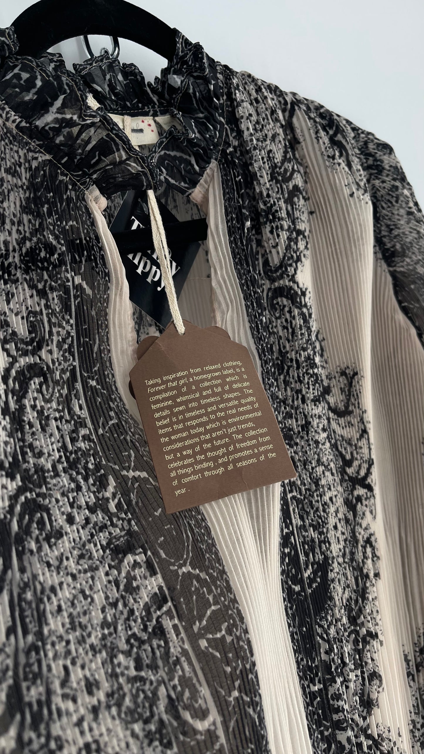 Forever that Girl Brocade Black and Dusk Pleated/Fluted Blouse with Tags Attached (Medium)